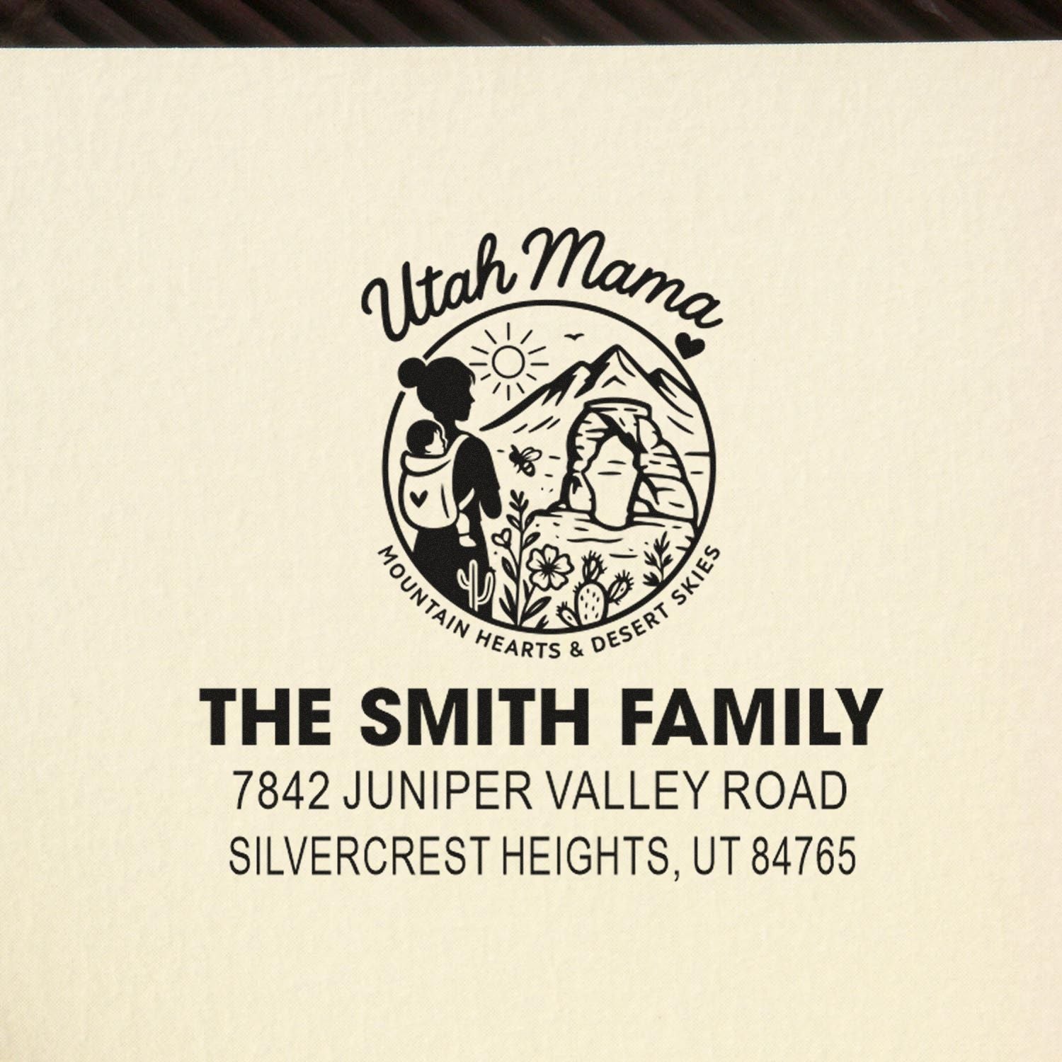 Custom Utah family return address stamp with mountain desert design for The Smith Family in Silvercrest Heights, UT.