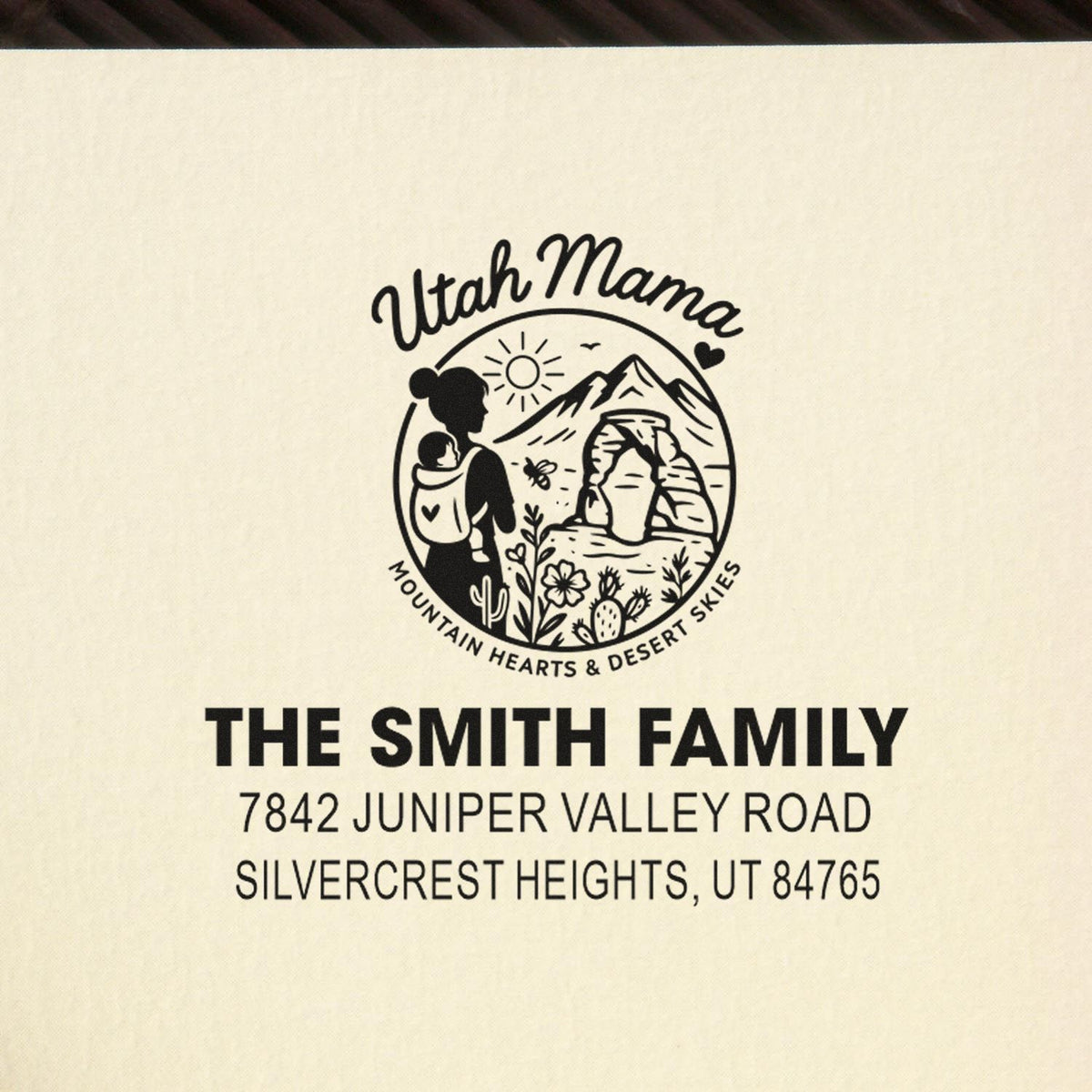 Custom personalized family return address rubber stamp with Utah mama mountain design, The Smith Family, Silvercrest Heights, UT.