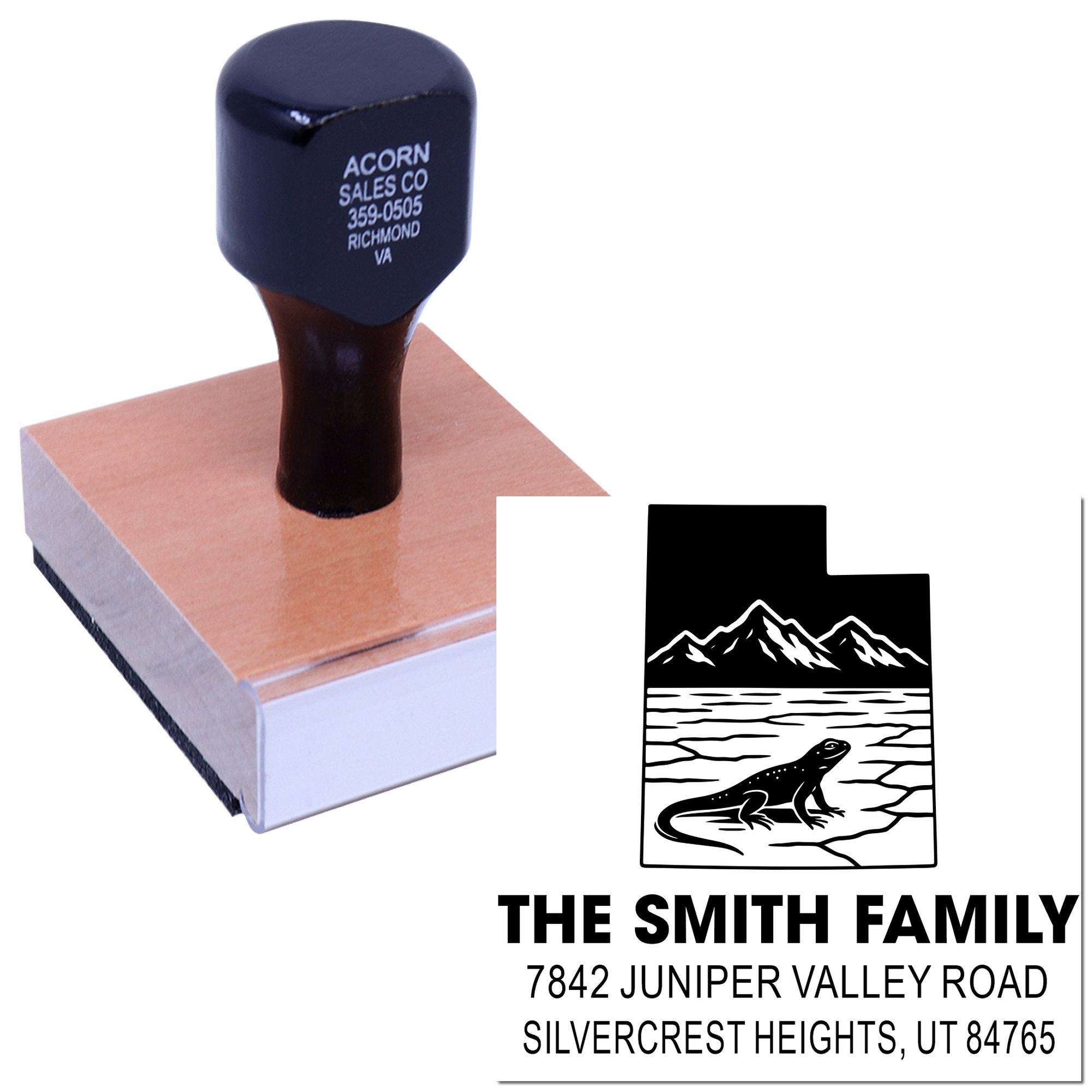 Custom return address rubber stamp with family name, mountain and frog logo for personalized mailing and business branding.