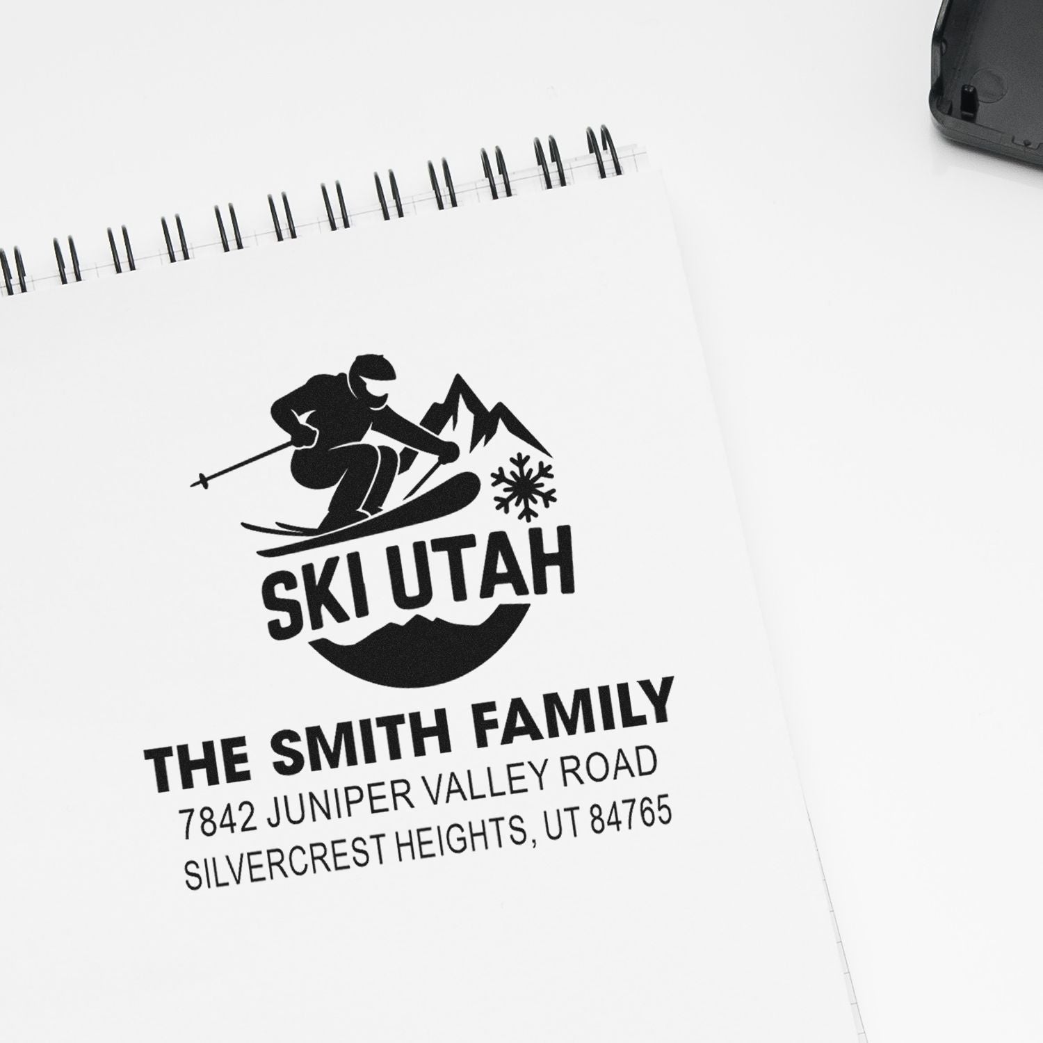 Custom Ski Utah family address rubber stamp with skier logo for The Smith Family, Silvercrest Heights, UT