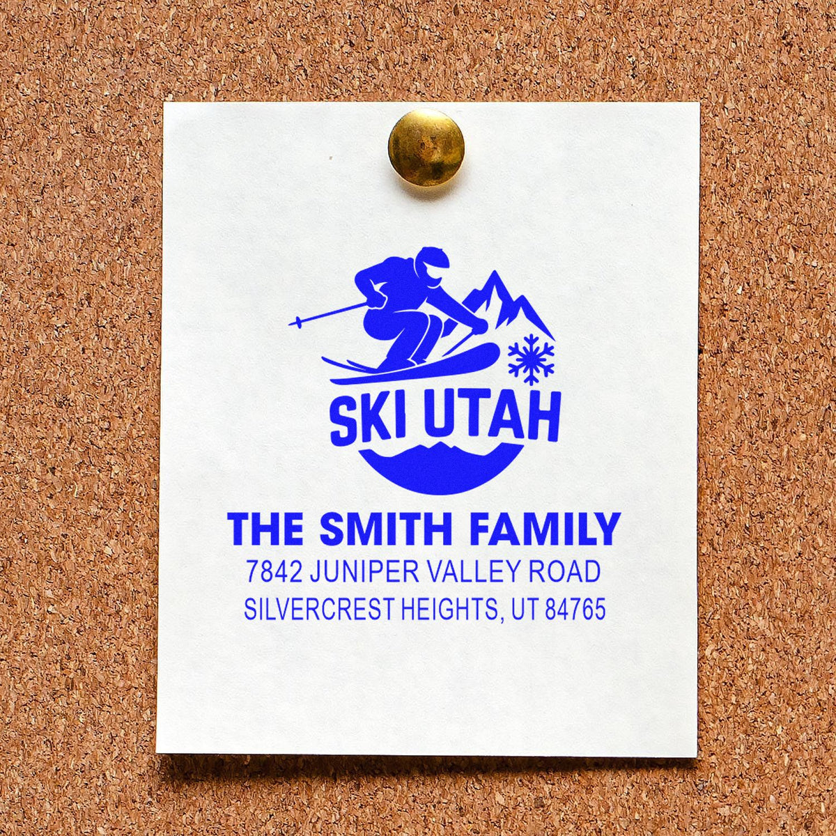 Custom Ski Utah rubber address stamp with skier logo, The Smith Family name, and return address for personalized mail.