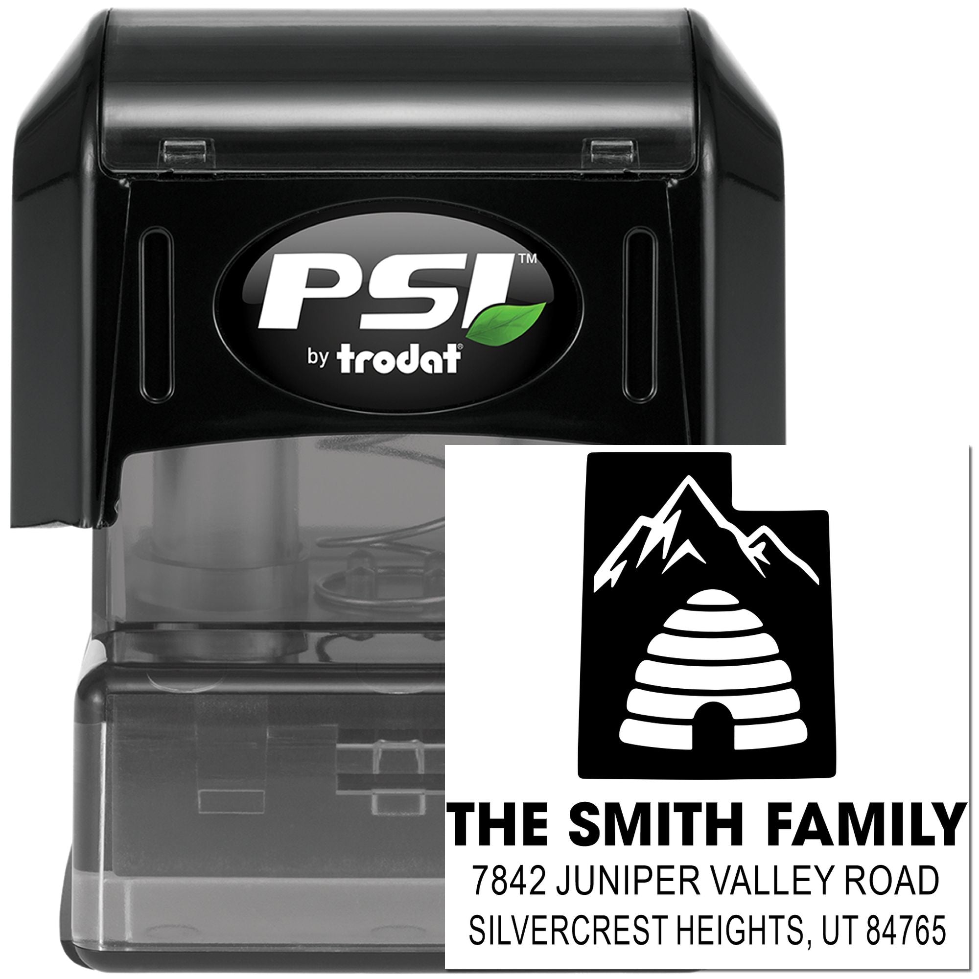 Custom self-inking address rubber stamp by PSI Trodat for The Smith Family, featuring mountain logo and return address.