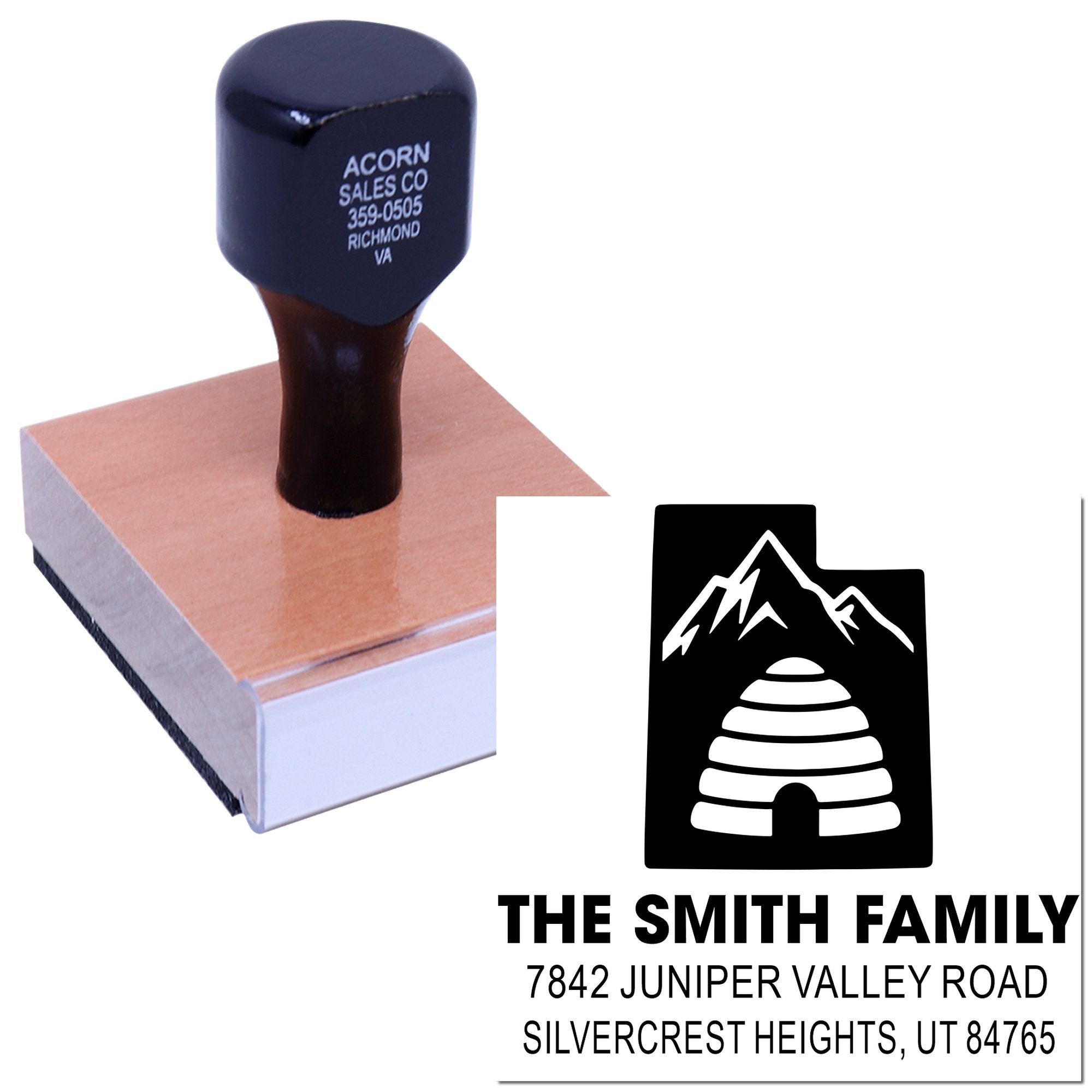 Custom family return address rubber stamp with mountain logo for The Smith Family, Silvercrest Heights, UT address.