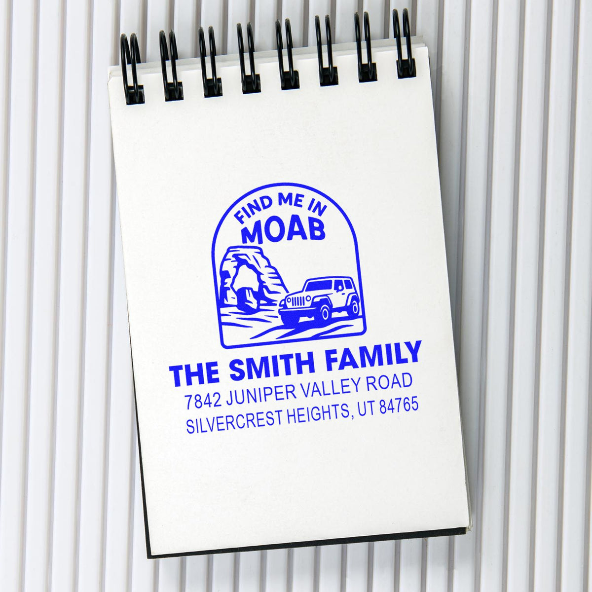 Personalized rubber stamp with Moab jeep design and The Smith Family return address in Silvercrest Heights, UT
