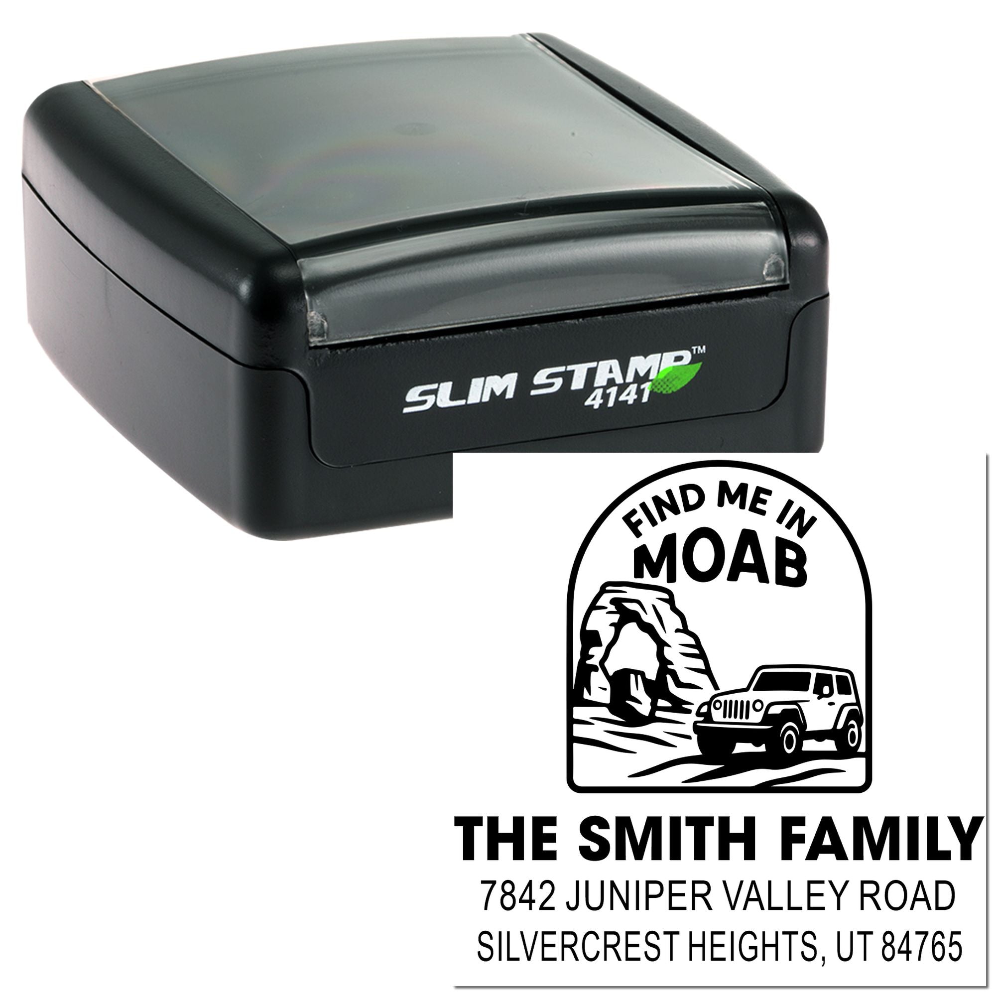 Custom self-inking Slim Stamp 4141 rubber stamp with Moab jeep design, The Smith Family name, and return address imprint