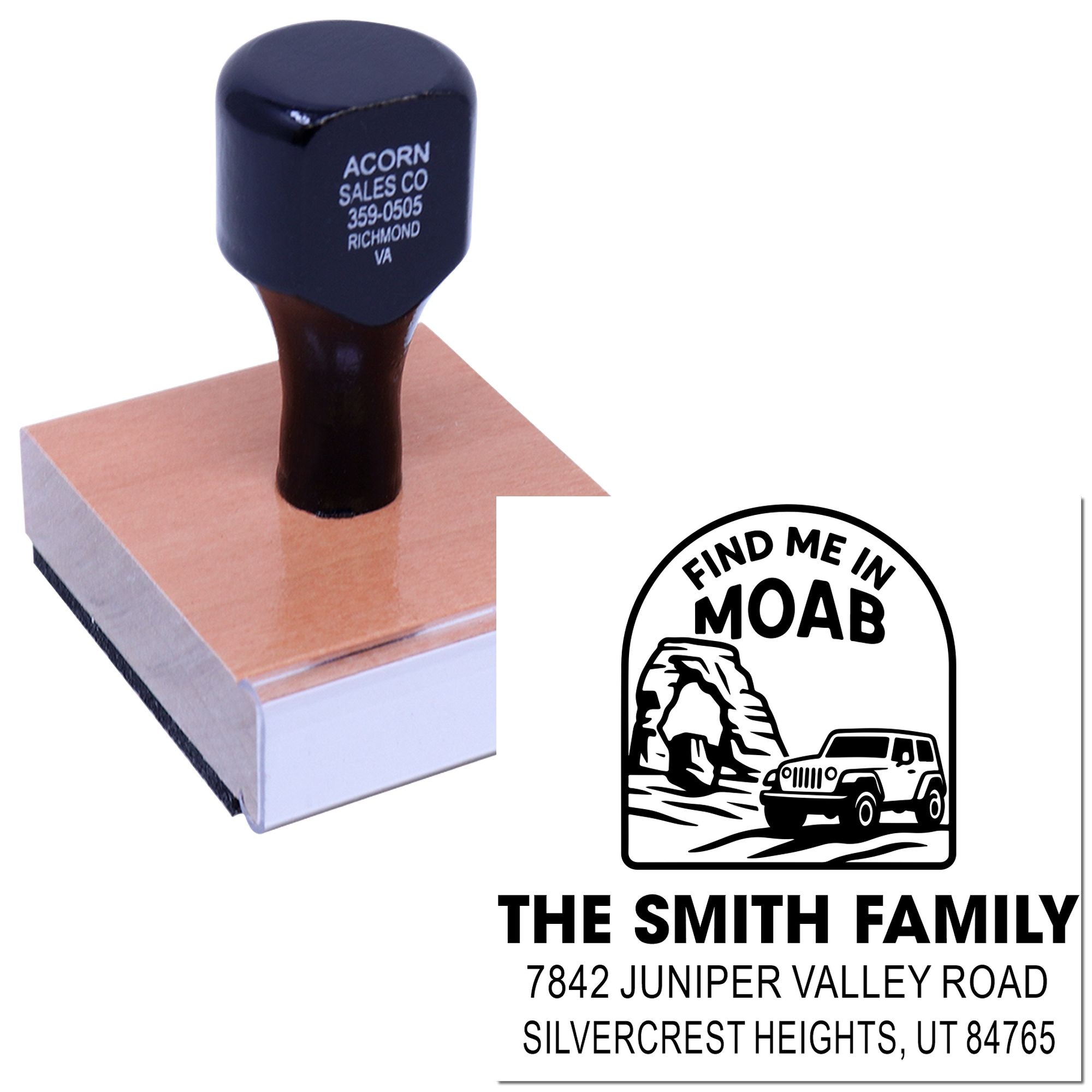 Custom family return address rubber stamp with sample imprint, ideal for personalized mailing, branding, and gifts.