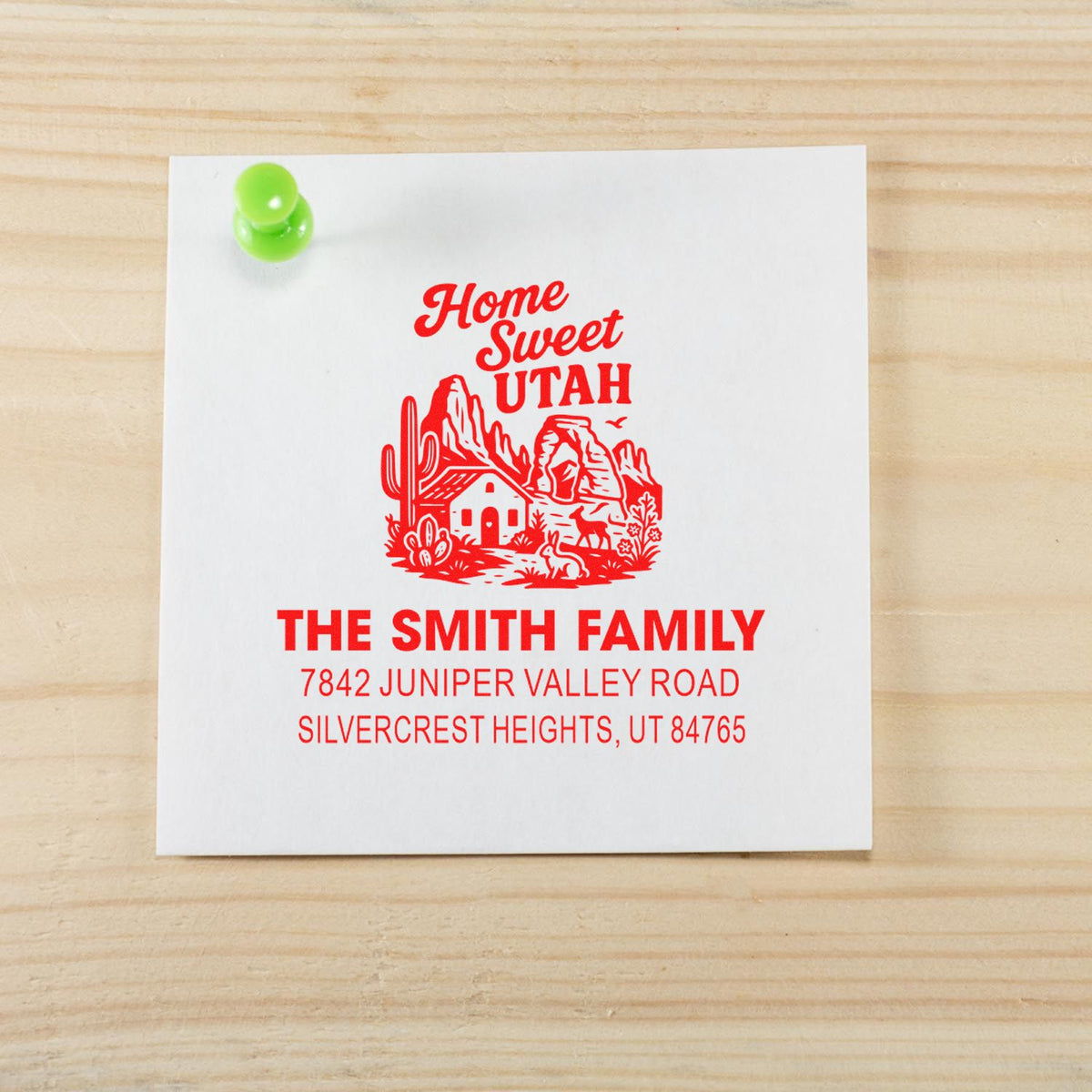 Custom return address rubber stamp for The Smith Family featuring a Home Sweet Utah design and full address in red ink.