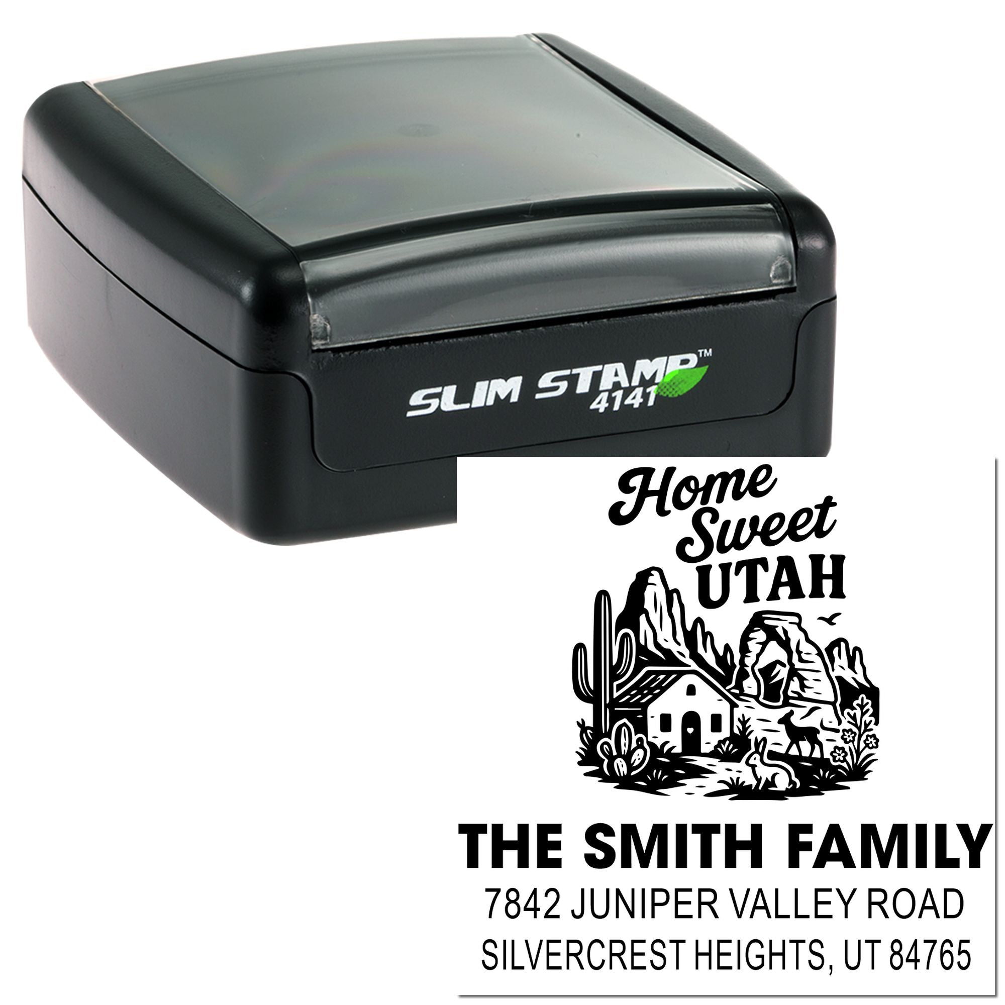 Desert Haven Utah Emblem Rubber Stamp, Personalized 1-5/8" Square Card Stamp, Souvenir Collectible Gift, Slim Pre-Inked Style