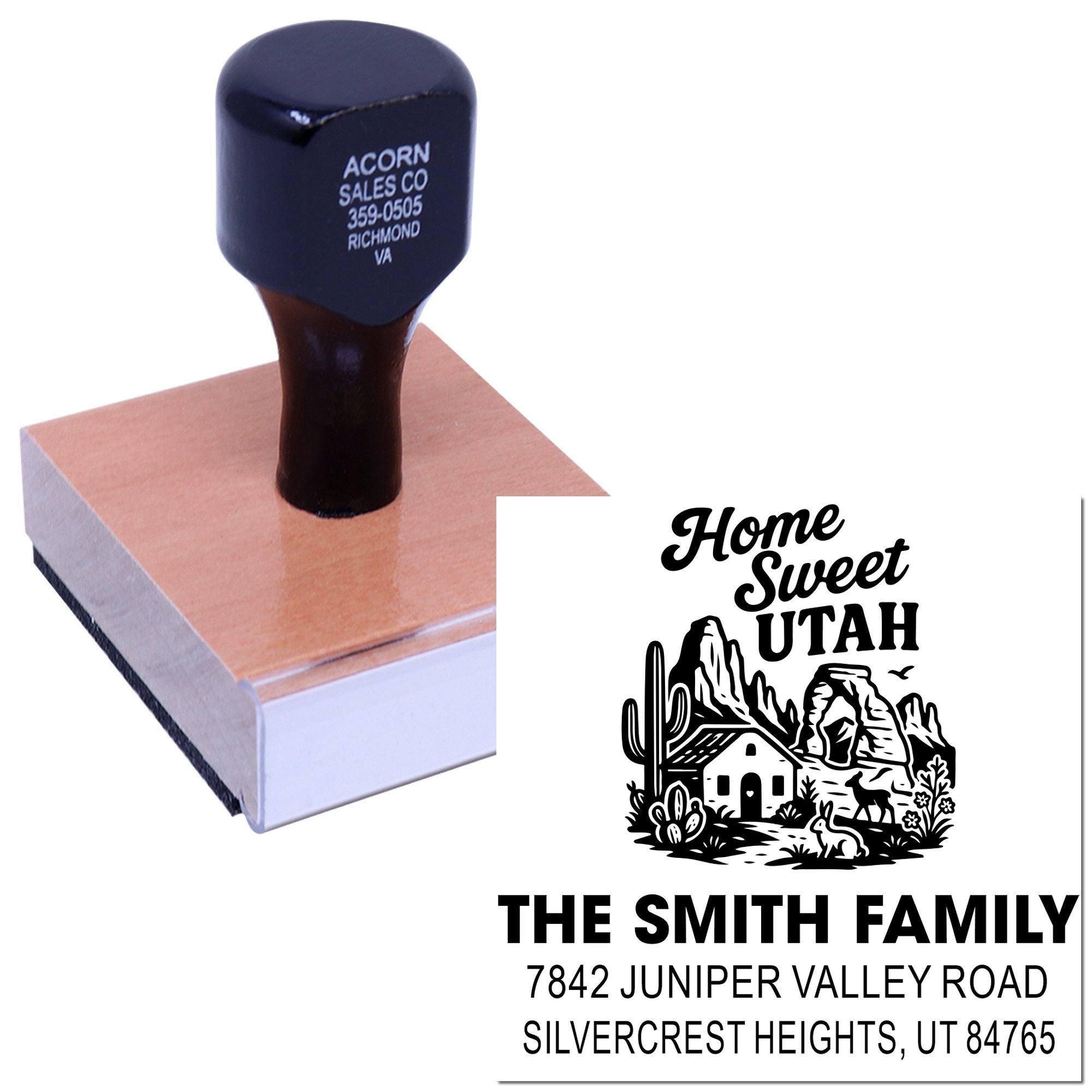 Custom self-inking return address rubber stamp with Home Sweet Utah family design for personalized mailing.
