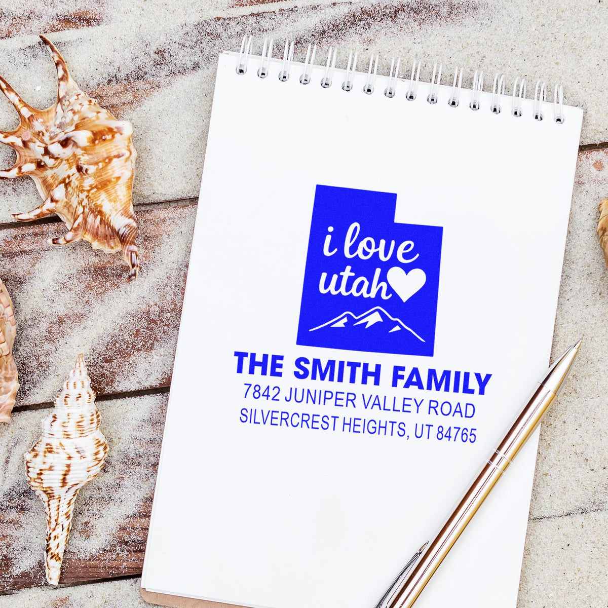Custom return address rubber stamp with Utah design for The Smith Family, ideal for stationery and mailing.
