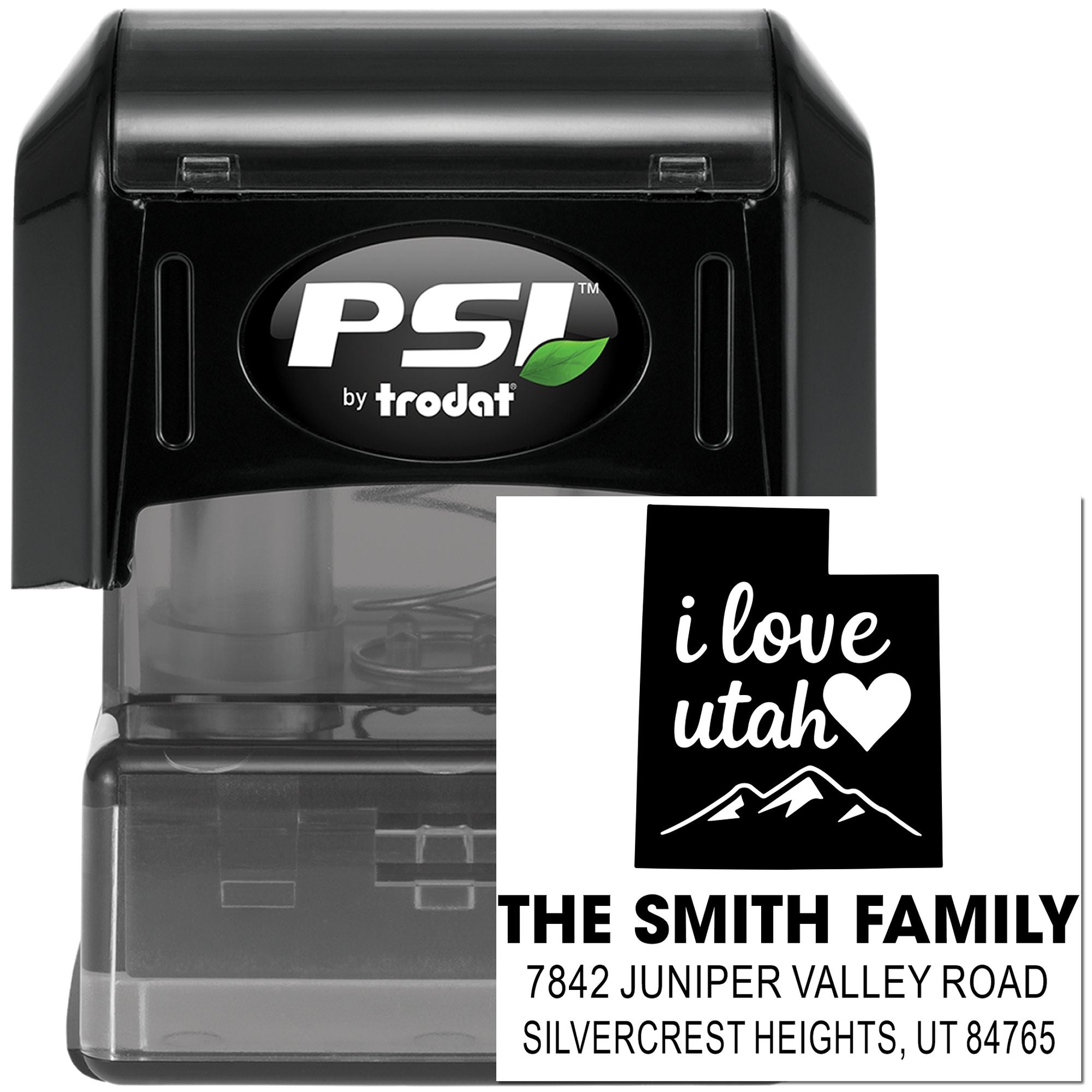 Utah Love Heart Mountain Personalized Rubber Pre-Inked Stamp with Square