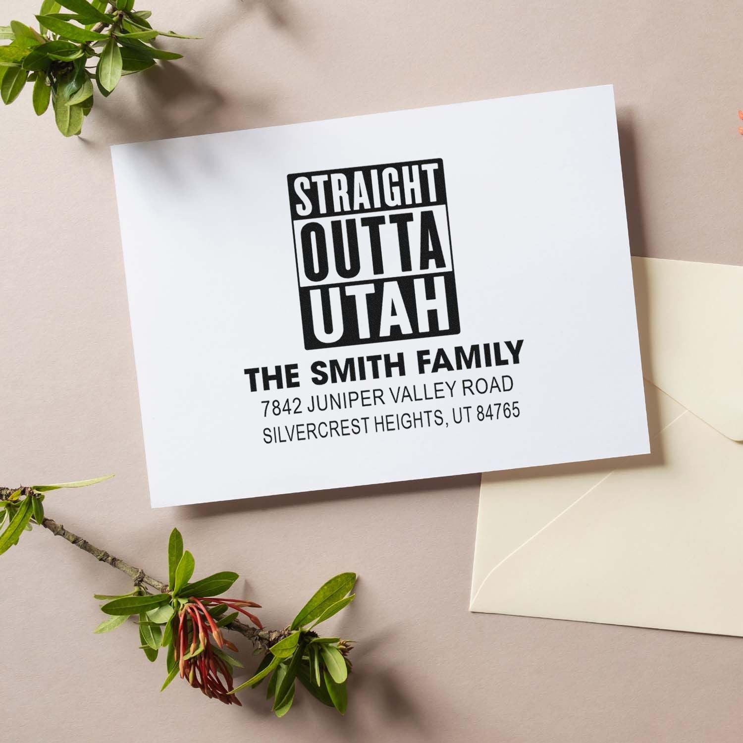 Personalized return address rubber stamp with Straight Outta Utah design for The Smith Family mail and stationery.