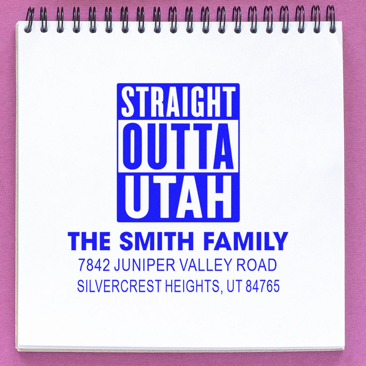 Personalized rubber stamp design reading Straight Outta Utah for The Smith Family address label.