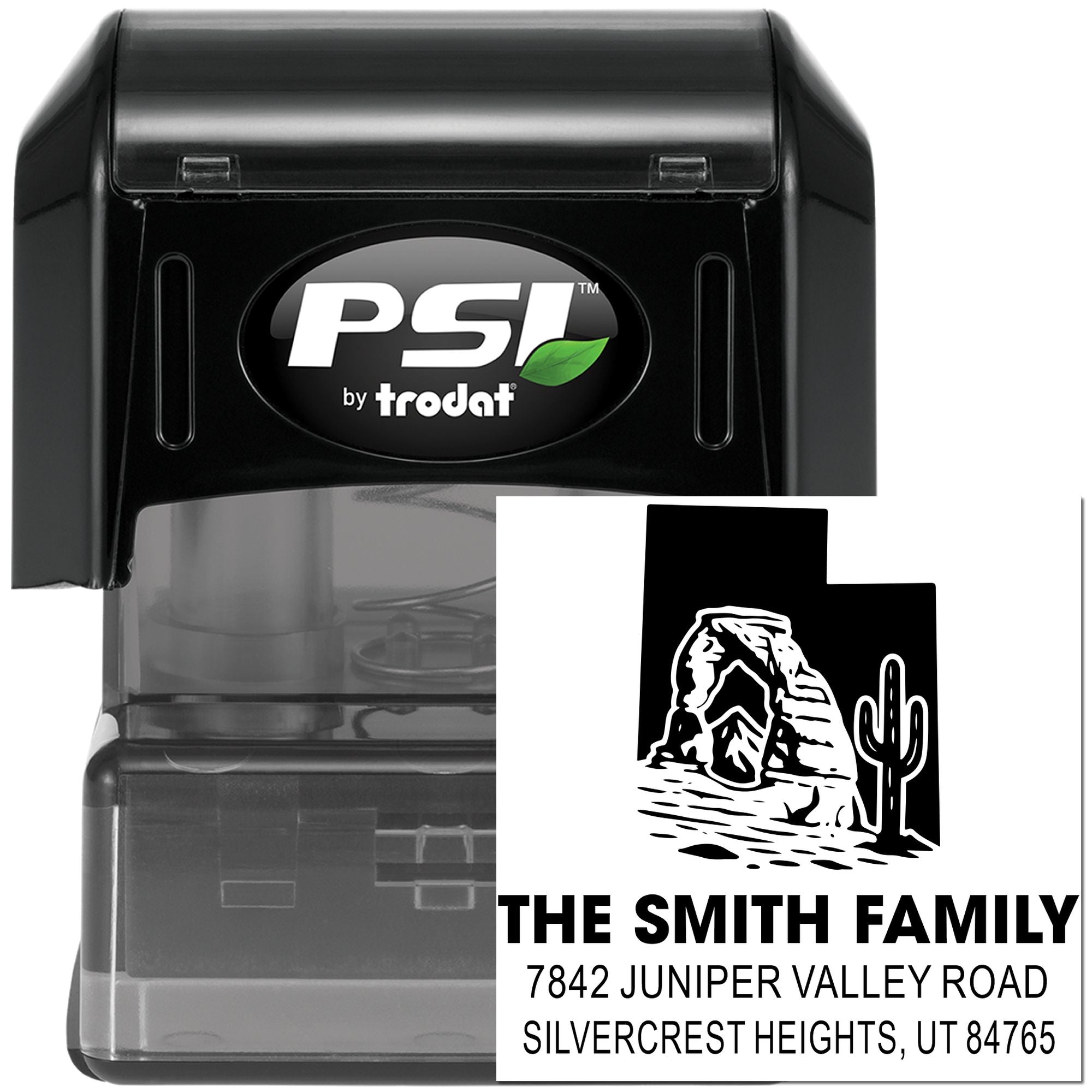 PSI by Trodat self-inking custom address stamp with desert rock and cactus design for The Smith Family home mailing address