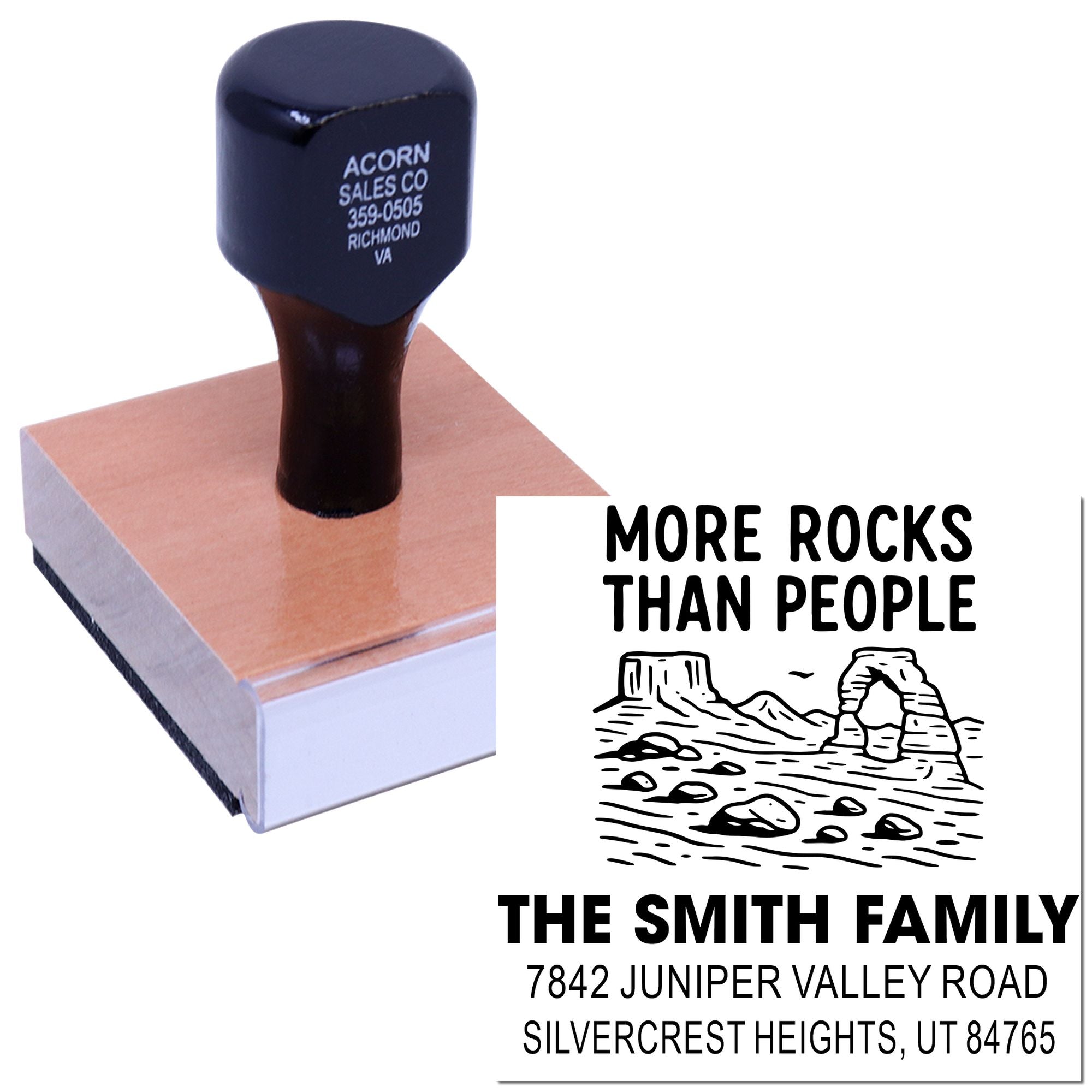 Custom rubber stamp with More Rocks Than People family address design and mountain graphic.