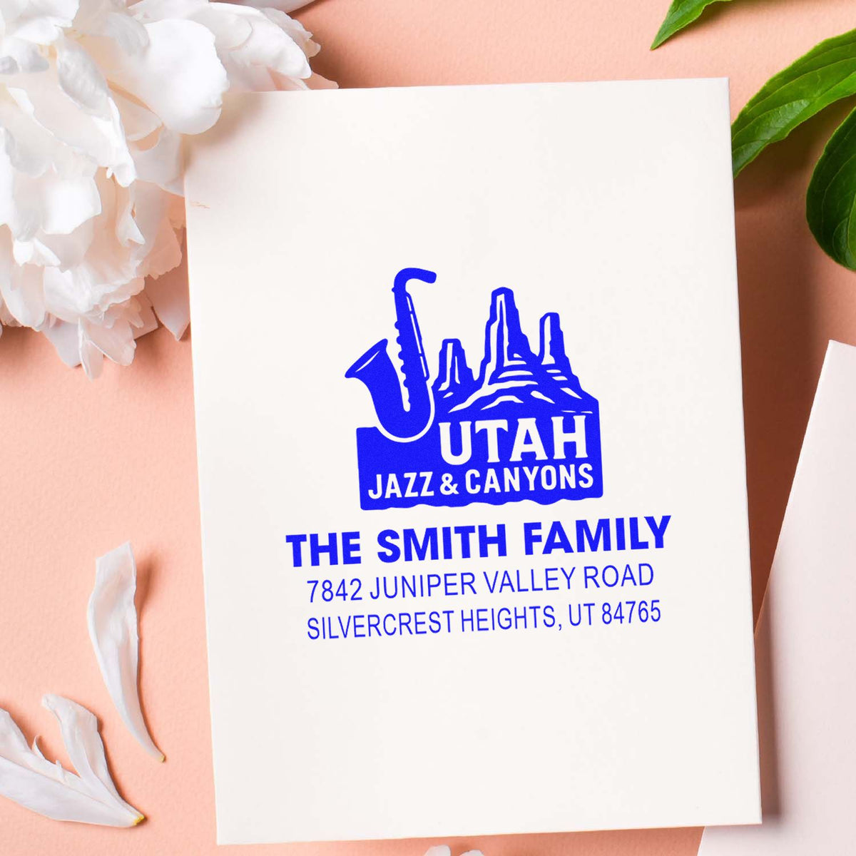 Custom Utah family address rubber stamp with jazz and canyon design for The Smith Family stationery