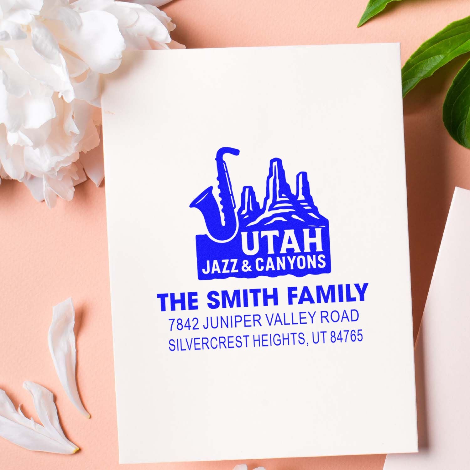 Custom family address rubber stamp with Utah Jazz & Canyons design for The Smith Family, Utah mailing label.