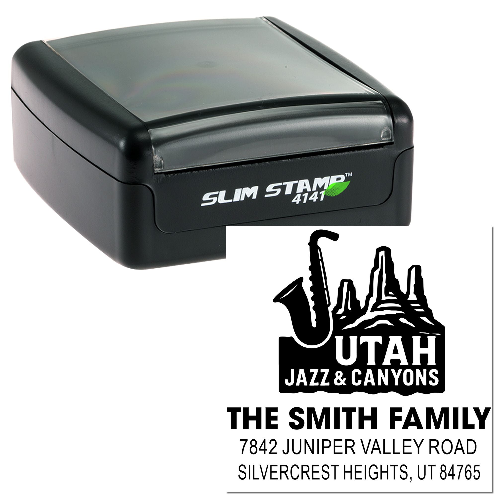 Custom self-inking rubber stamp with Utah return address design and family logo for personalized mailings.