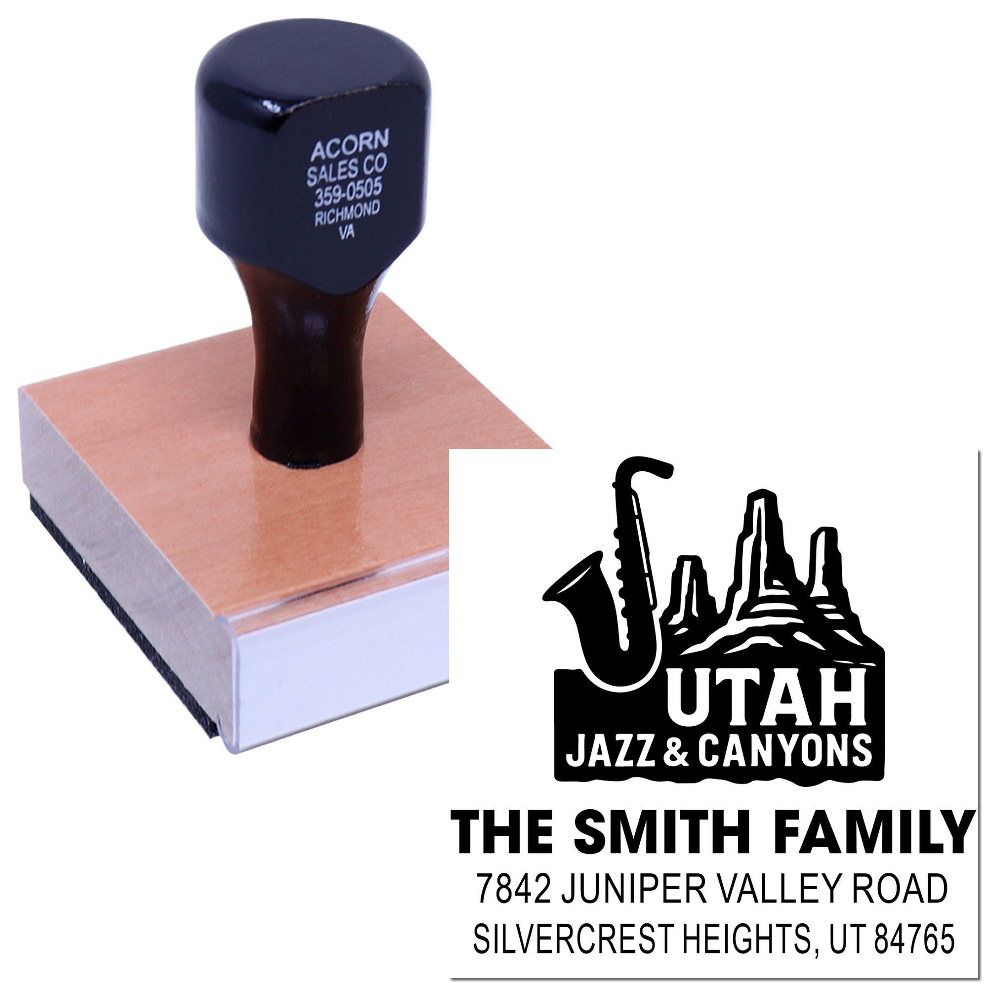 Custom rubber address stamp with Utah Jazz & Canyons logo and The Smith Family return address in Silvercrest Heights, UT.