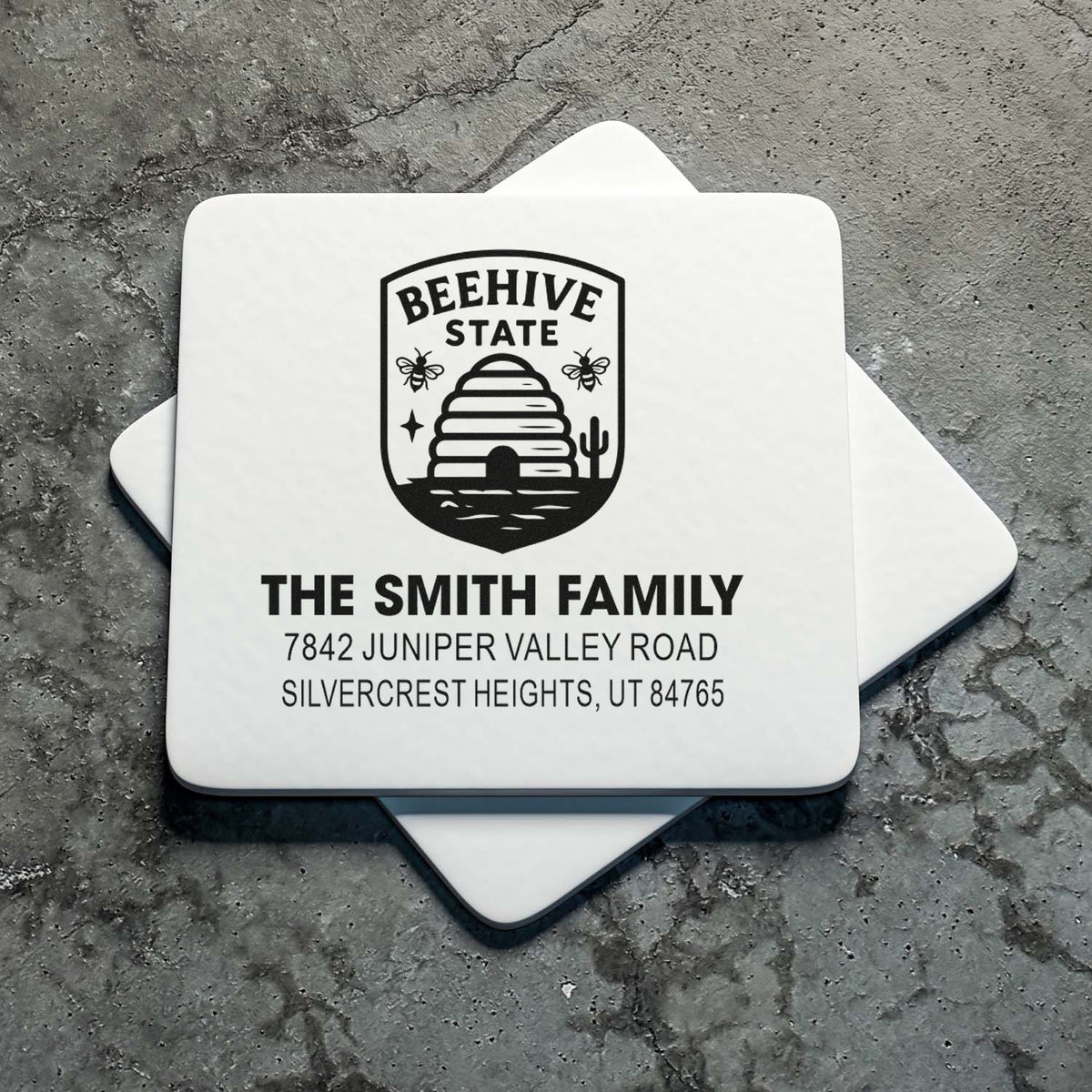 Personalized rubber return address stamp with Beehive State beehive logo for The Smith Family, Utah.