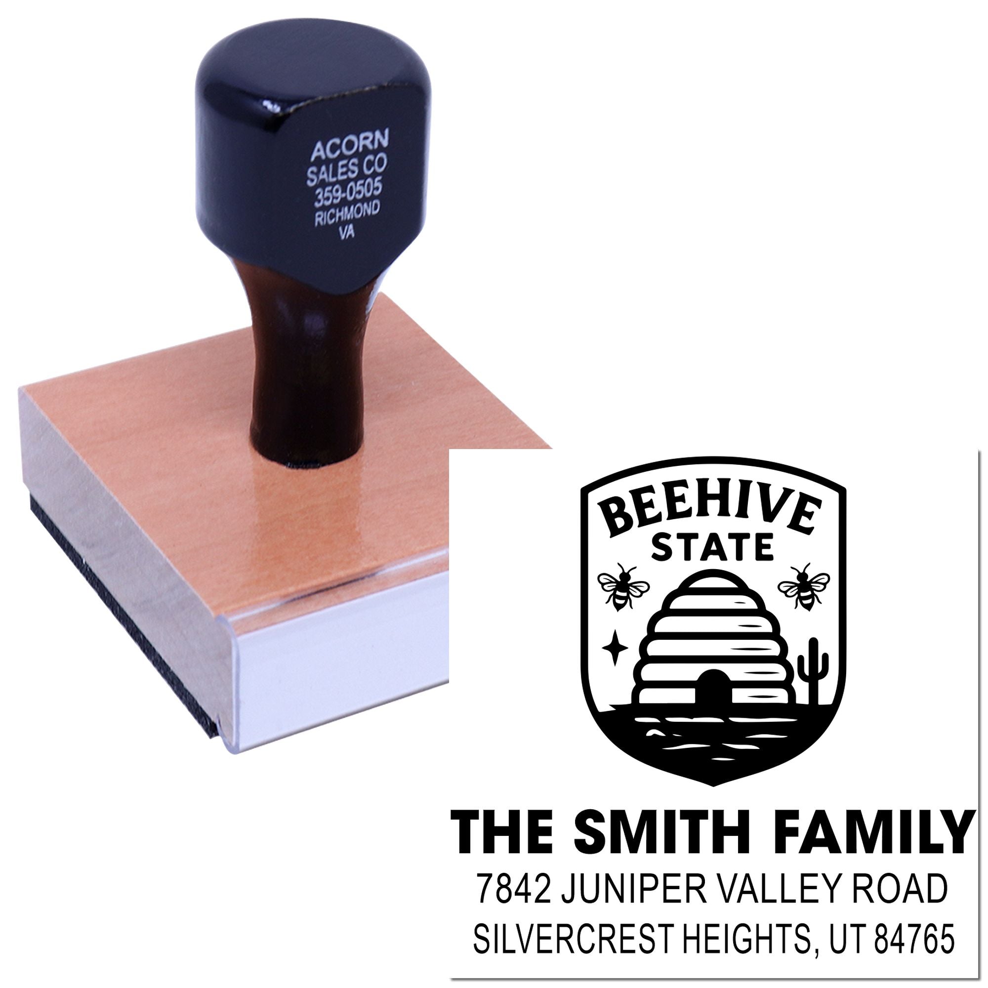 Custom rubber address stamp with Beehive State family design, featuring The Smith Family and Utah return address.