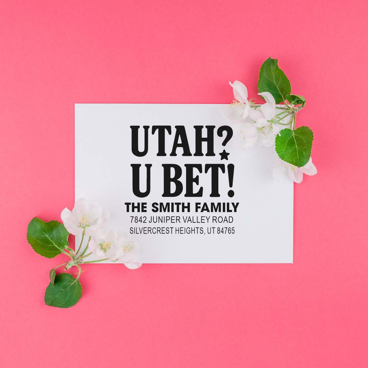 Custom return address rubber stamp reading Utah? U Bet! for The Smith Family, with full mailing address.