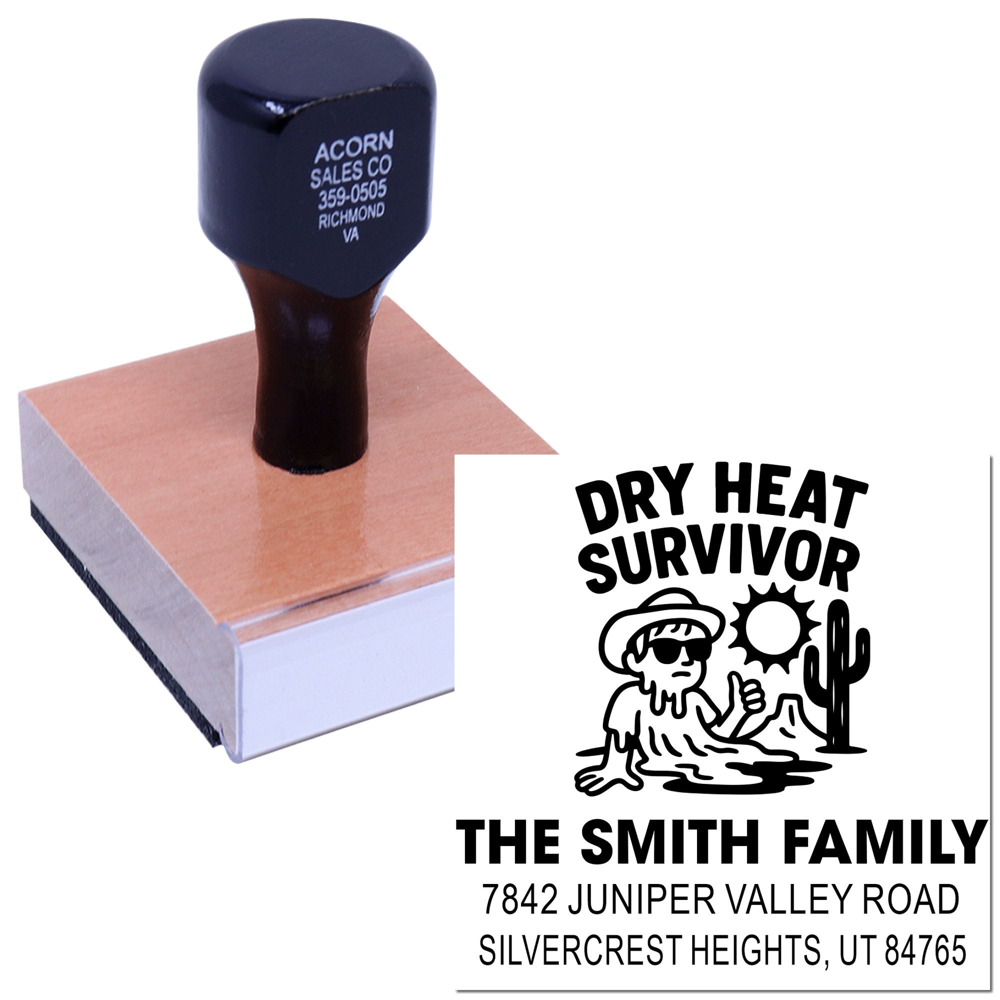 Custom rubber stamp with Dry Heat Survivor design, personalized family name, address, and desert-themed artwork.