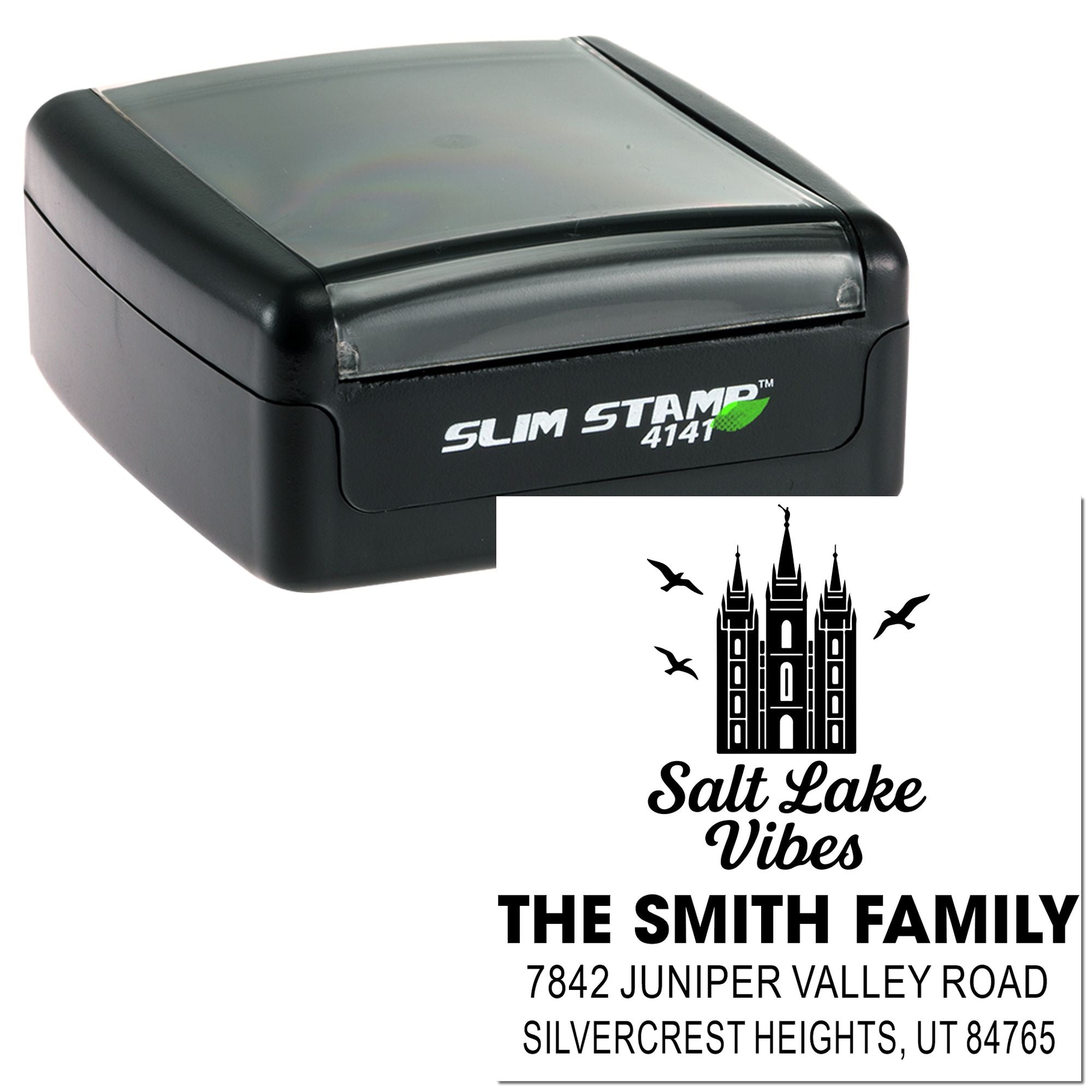 Self-inking Slim Stamp 4141 custom rubber stamp showing a Salt Lake Vibes family address imprint.