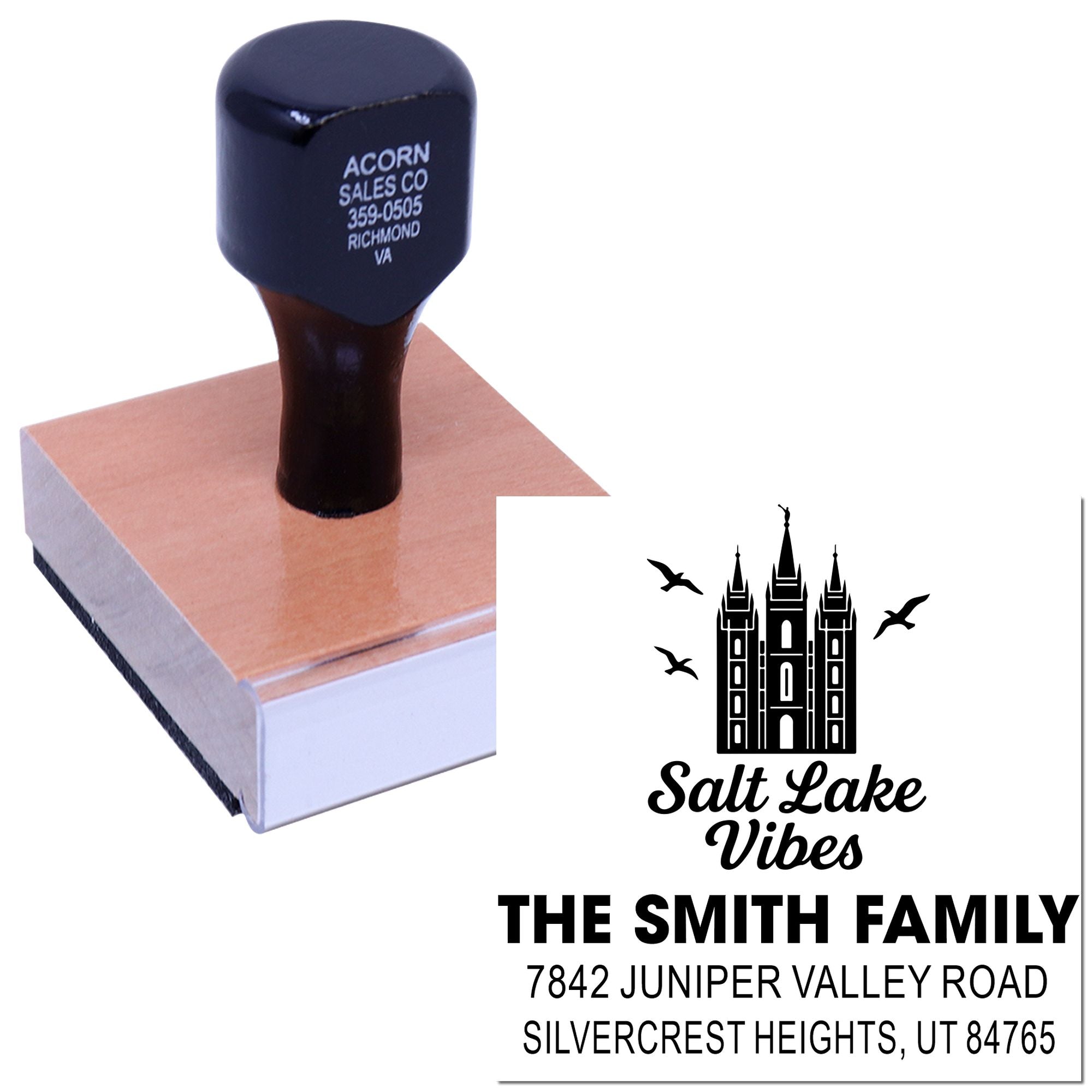 Custom personalized rubber address stamp with Salt Lake Vibes design for The Smith Family return address.