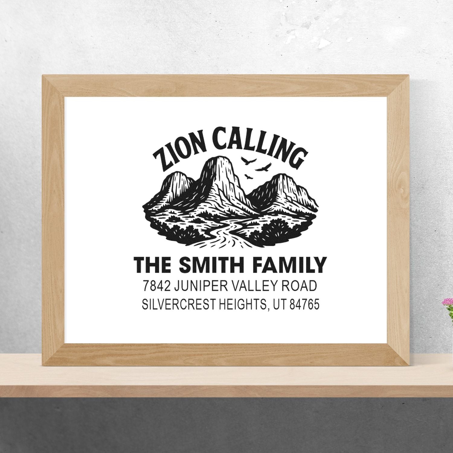 Custom return address rubber stamp with Zion Calling mountain graphic, The Smith Family name, and Utah address.