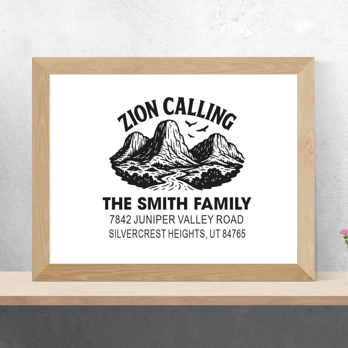 Zion Calling custom family address rubber stamp design with mountain graphic for personalized return addresses.