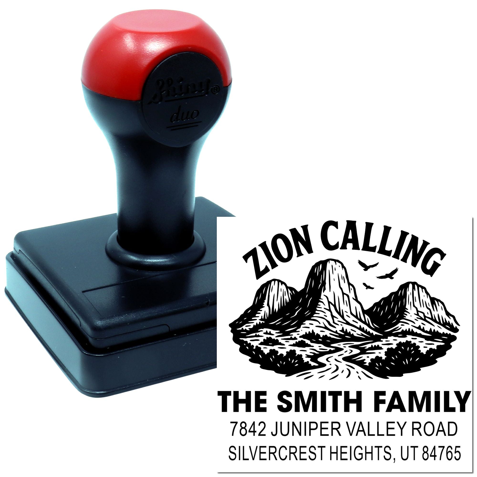 Custom self-inking rubber address stamp with Zion Calling family name and return address design.