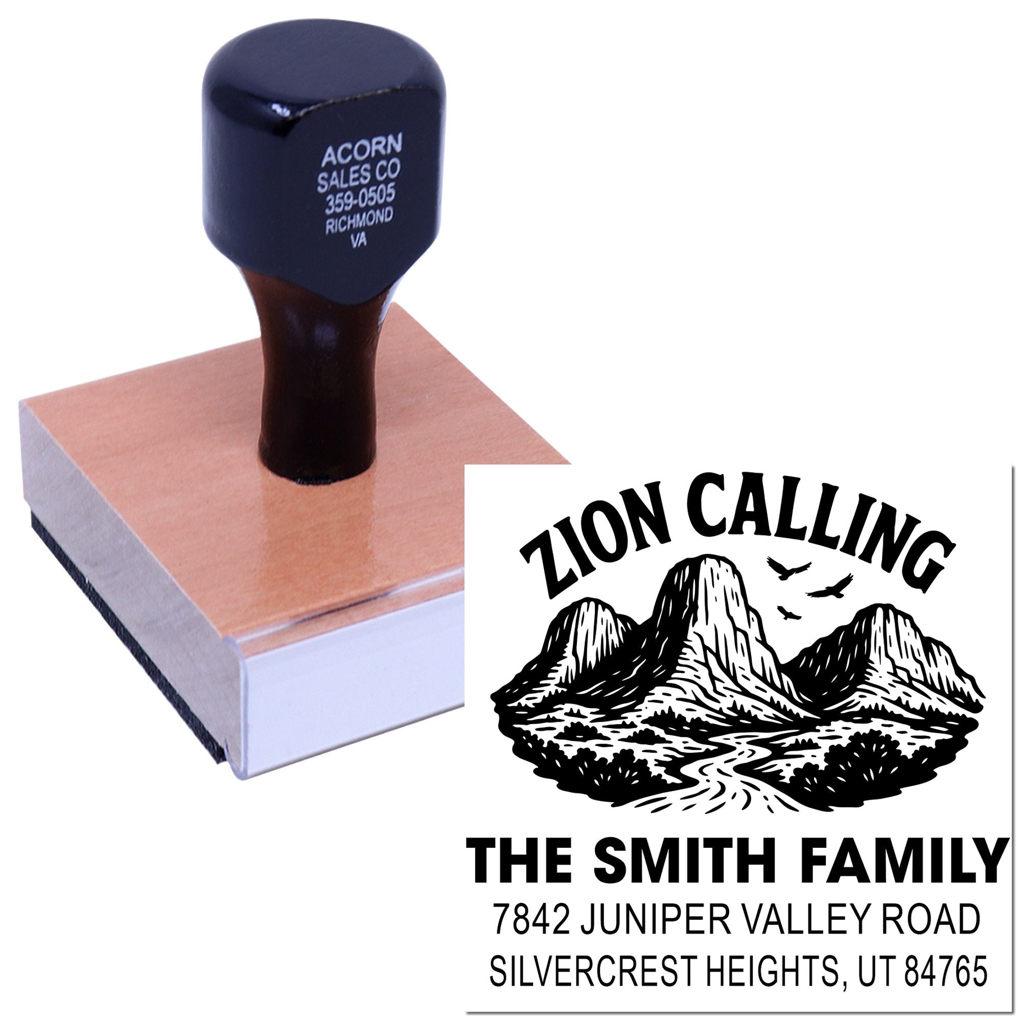 Custom self-inking rubber address stamp with Zion Calling design for The Smith Family and Juniper Valley Road, UT.