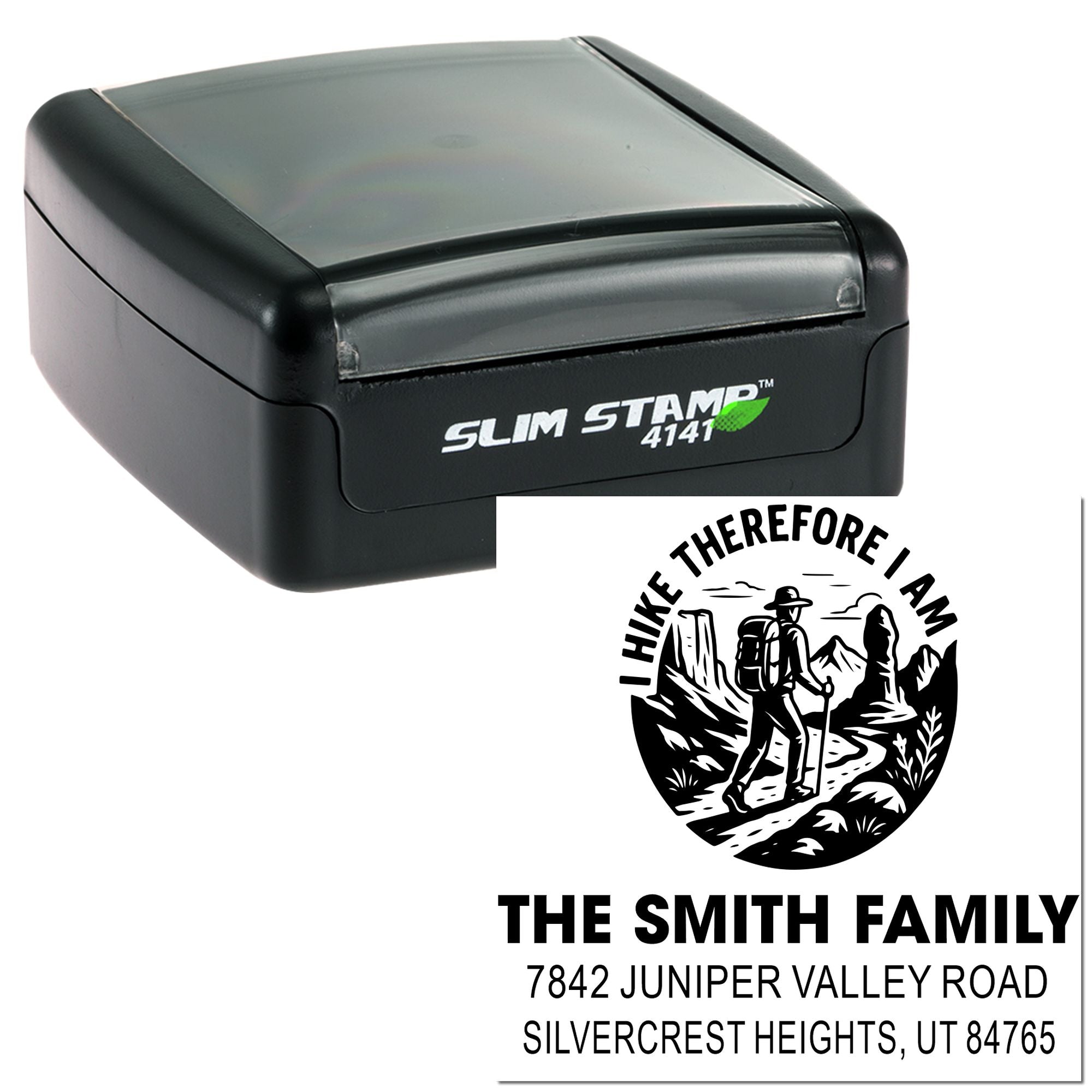Self-inking slim rubber stamp with custom hiking family address design for The Smith Family, Silvercrest Heights, UT.