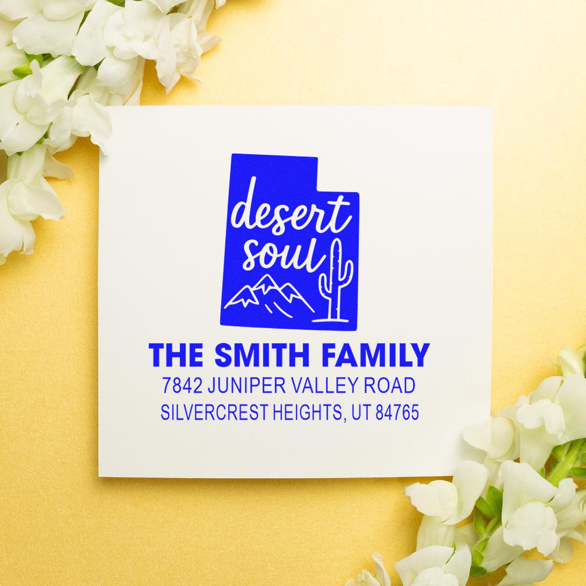 Personalized desert-themed return address rubber stamp with cactus and mountain design for The Smith Family.