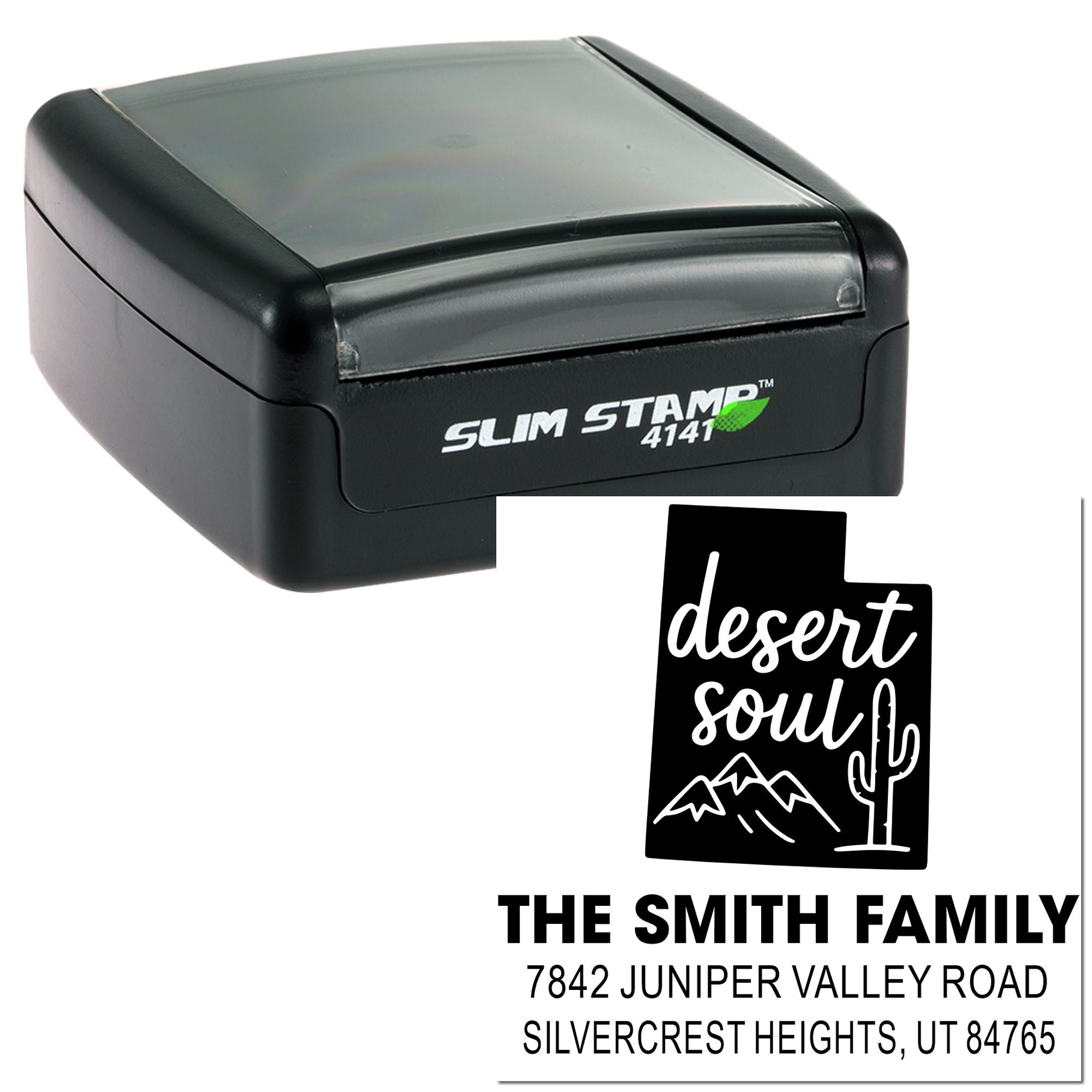 Slim Stamp 4141 custom address rubber stamp with Desert Soul design for The Smith Family, Juniper Valley Road address.