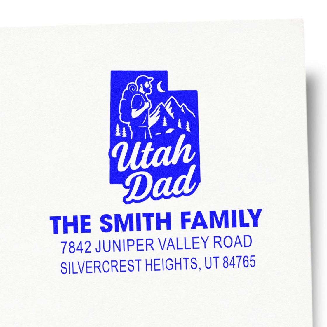 Custom Utah Dad return address rubber stamp with mountain hiker design for The Smith Family mailing labels.