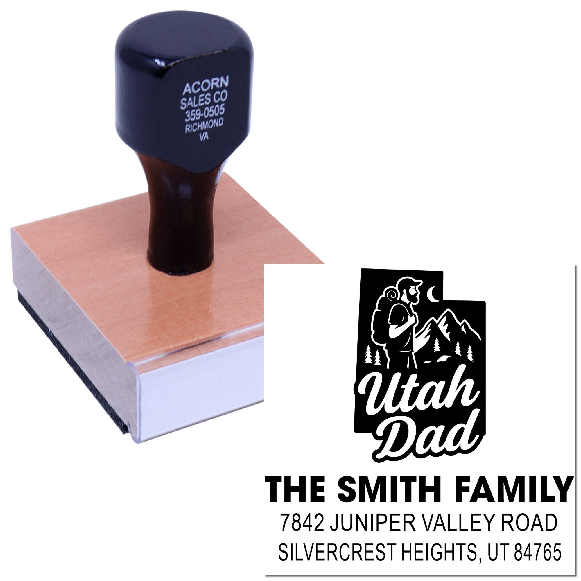 Custom rubber stamp with Utah Dad design and Smith family return address for personalized mailing and branding.
