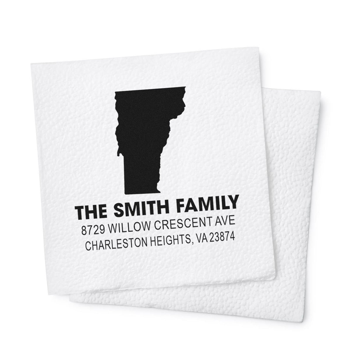 Personalized family return address rubber stamp with state silhouette for envelopes, wedding invitations, and mail.