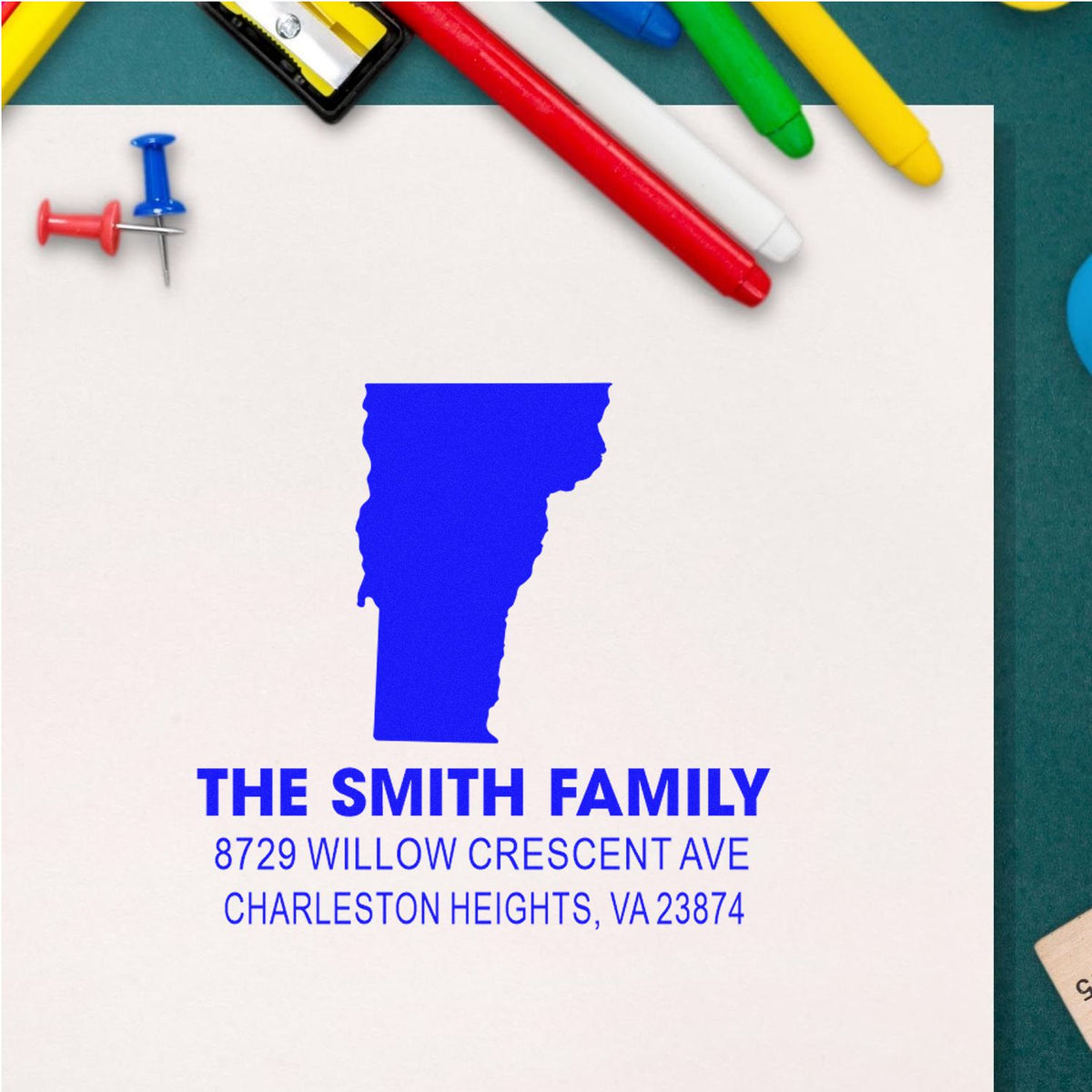Custom address rubber stamp for The Smith Family, 8729 Willow Crescent Ave, Charleston Heights, VA 23874.