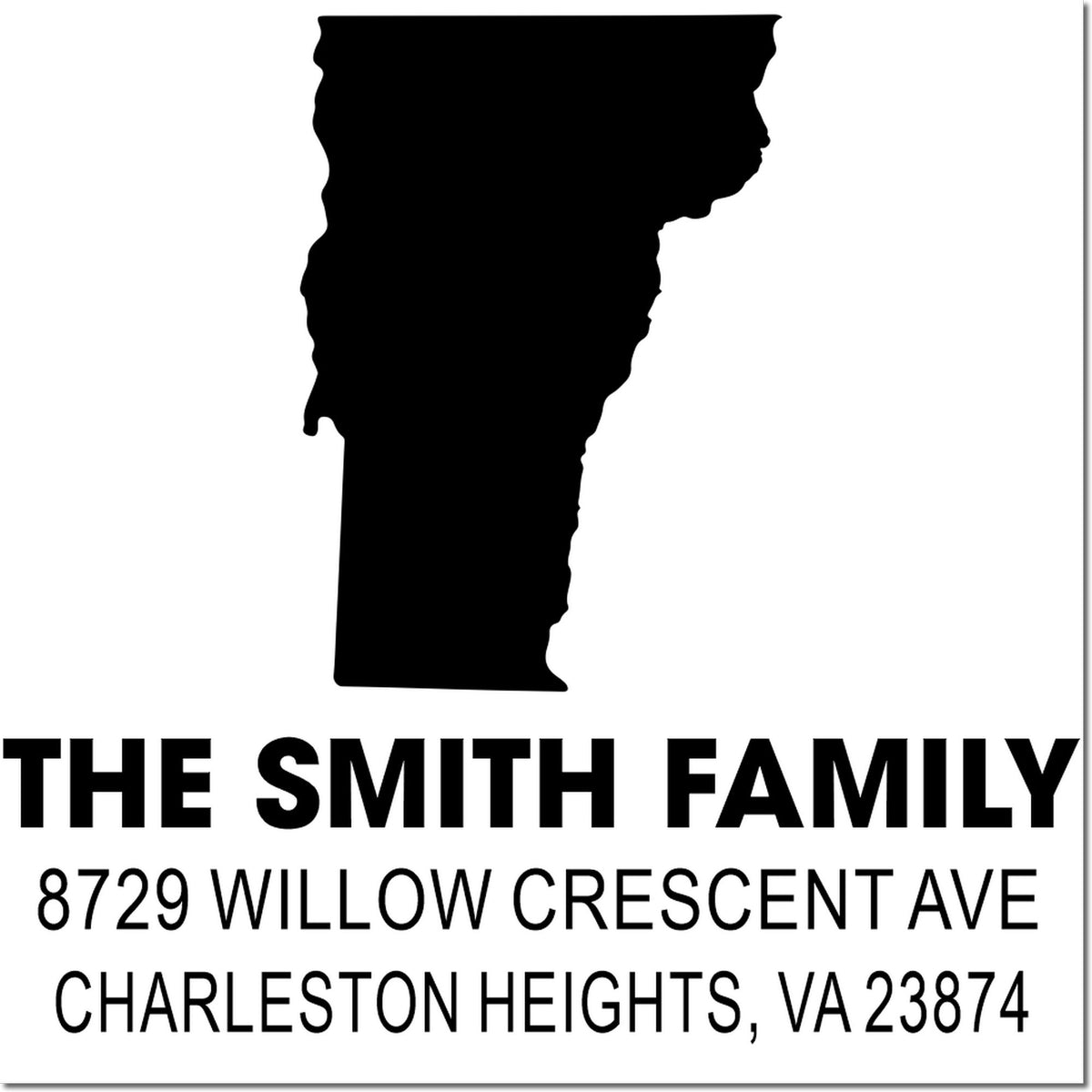 Custom return address rubber stamp for The Smith Family, with Virginia silhouette and Charleston Heights, VA address.