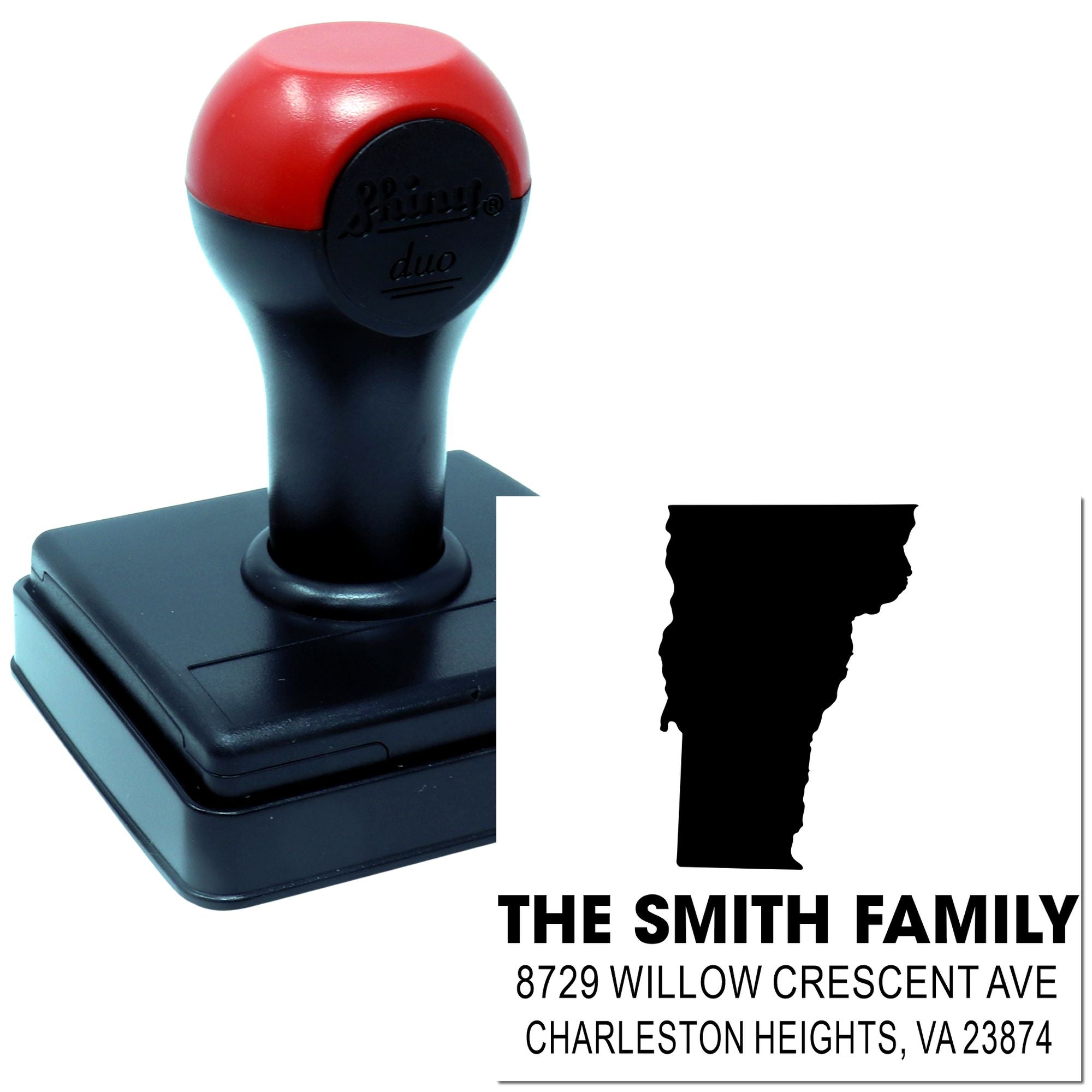 Custom self-inking rubber stamp with personalized family name, return address, and state silhouette for mailing labels.