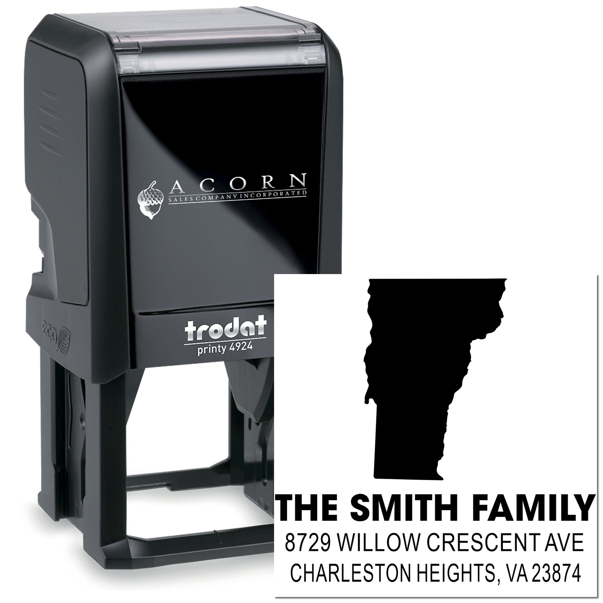 Custom self-inking rubber address stamp for The Smith Family with personalized return address design.