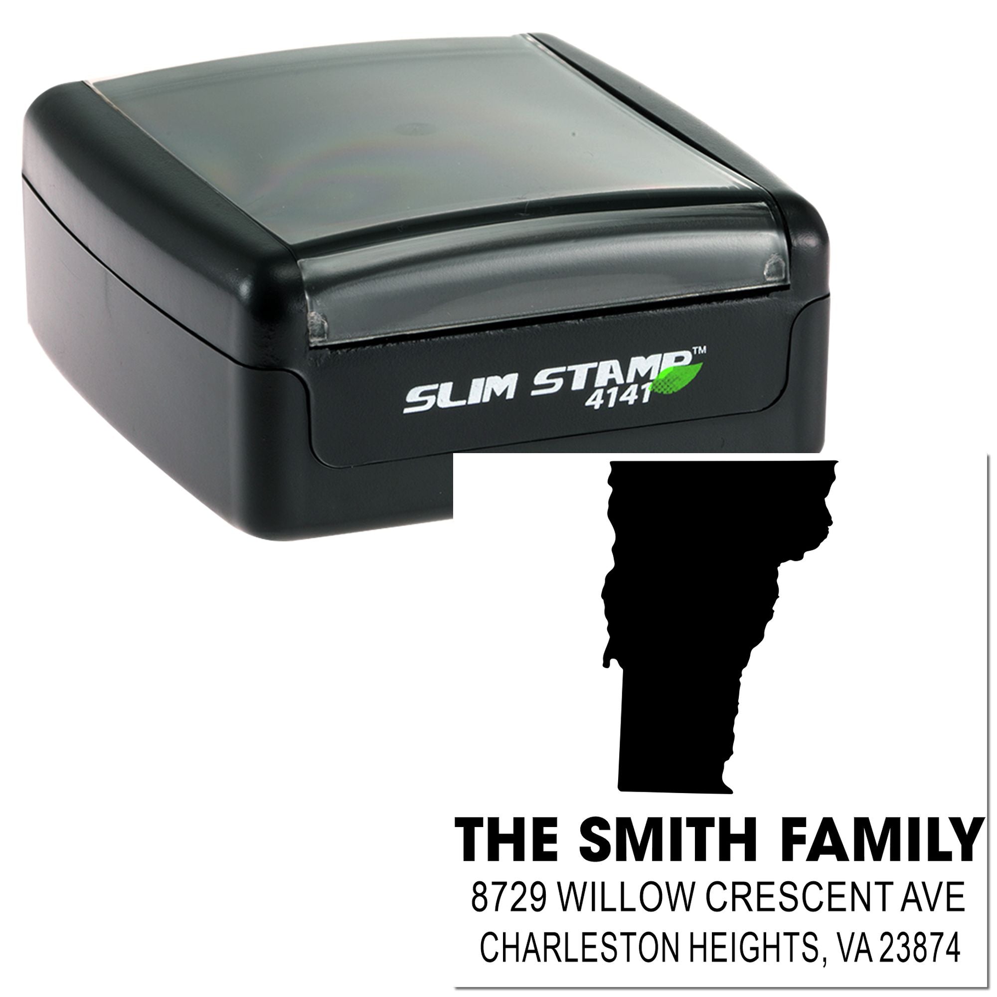 Custom self-inking rubber address stamp for The Smith Family, featuring personalized name and return mailing address.