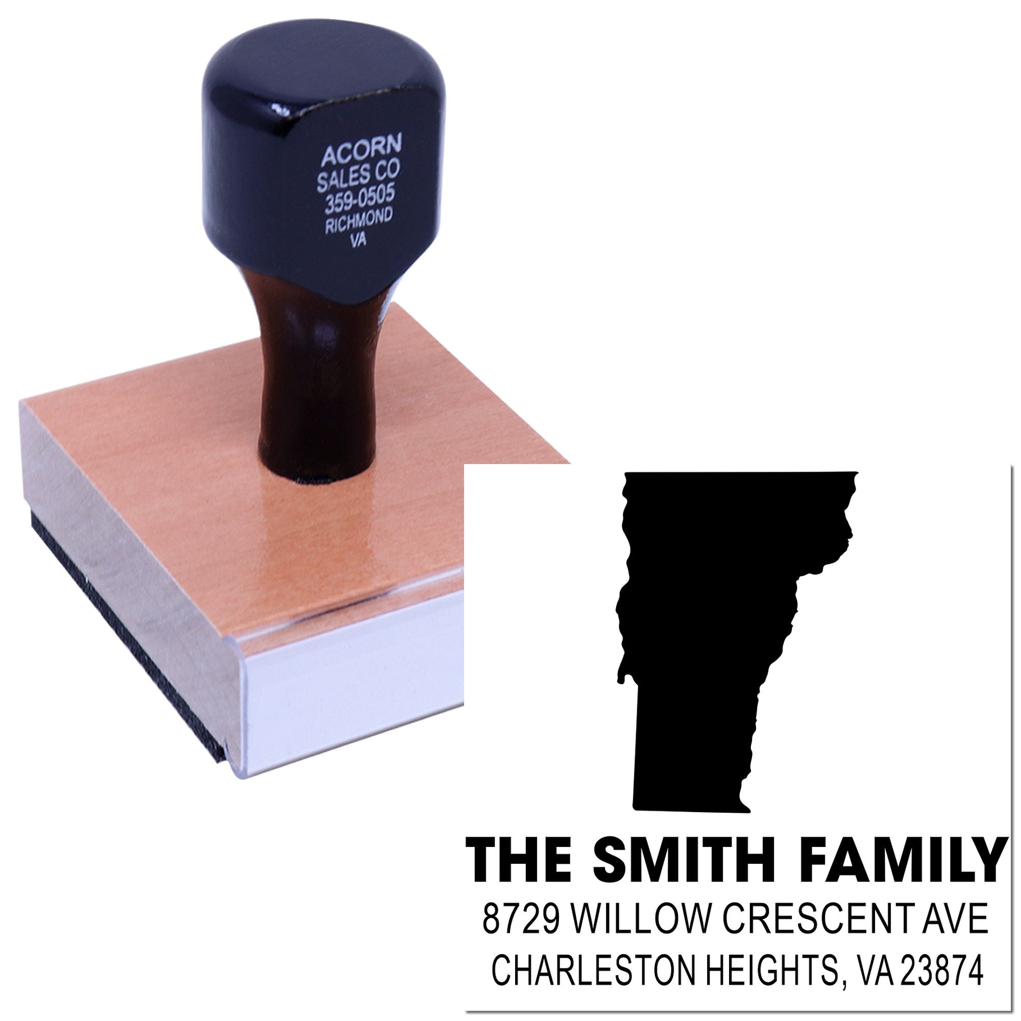 Custom return address rubber stamp with family name, street address, and state silhouette for mailing envelopes.