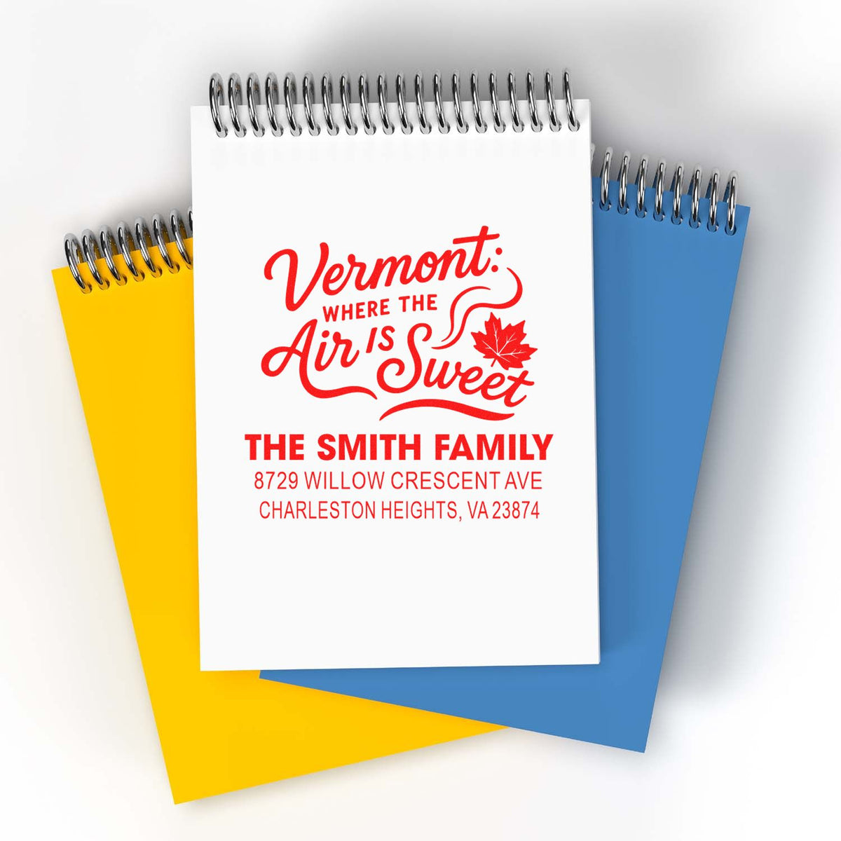 Custom Vermont family address rubber stamp design with Where the Air Is Sweet logo and Smith family mailing address.