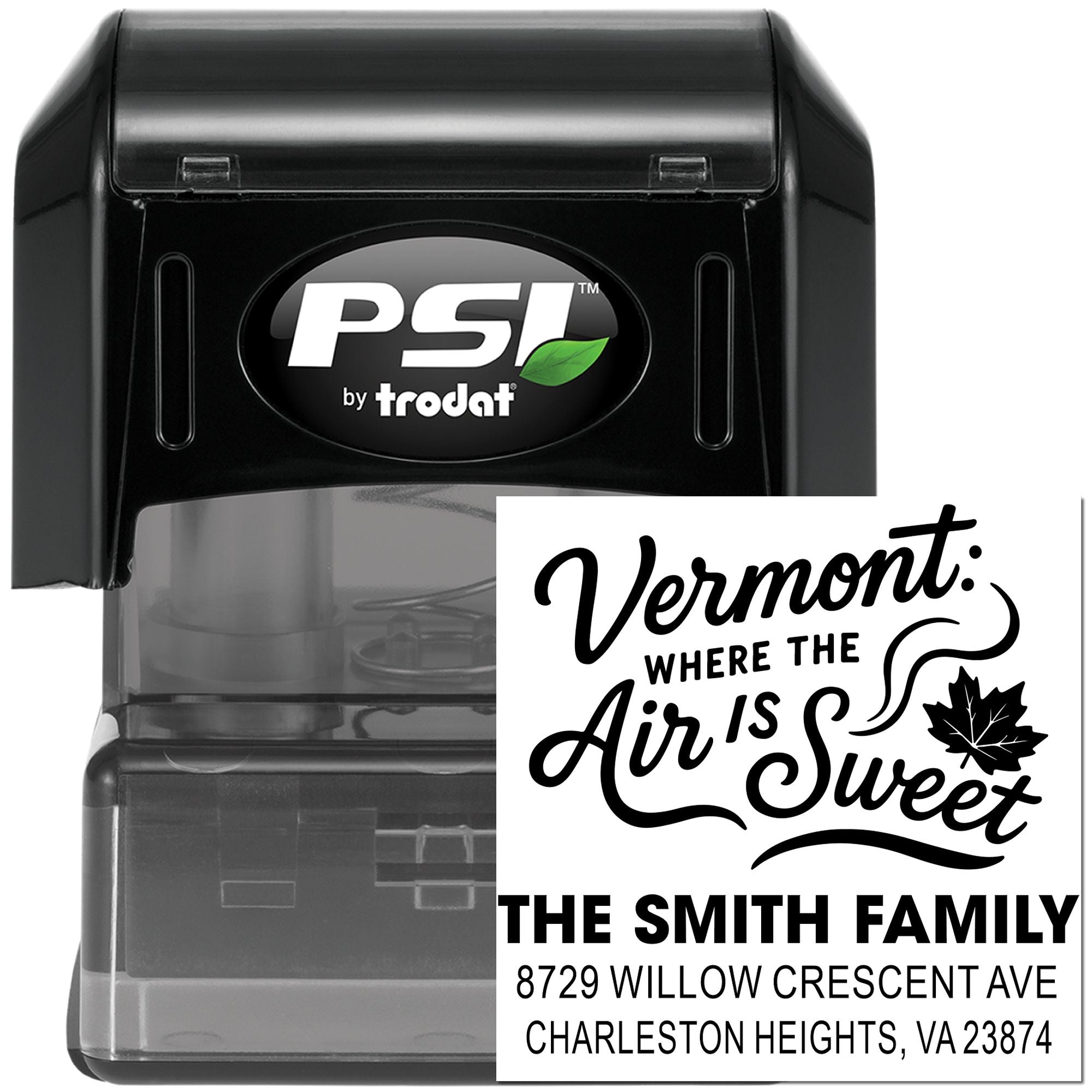 Vermont Sweet Air Maple Breeze Custom 3-Line Rubber Pre-Inked Stamp, 1-5/8" Square , Personalized for Small Business Owners, Crafters & Hobbyists