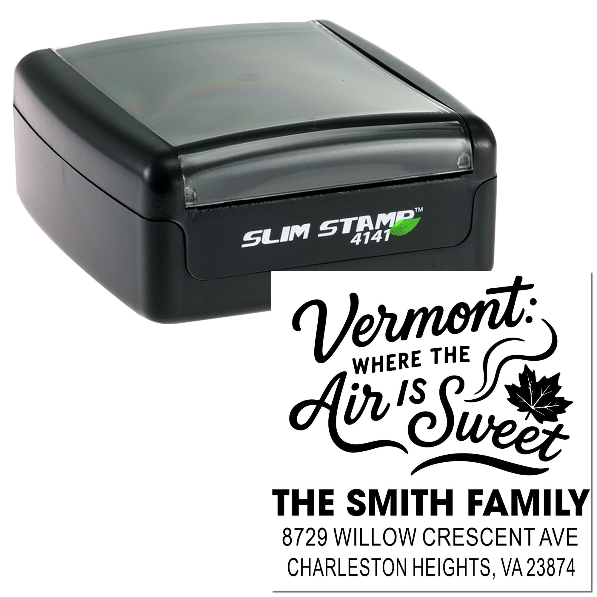 Vermont Sweet Air Rustic Personalized Square -Handle Rubber Stamp with Slim Pre-Inked Option