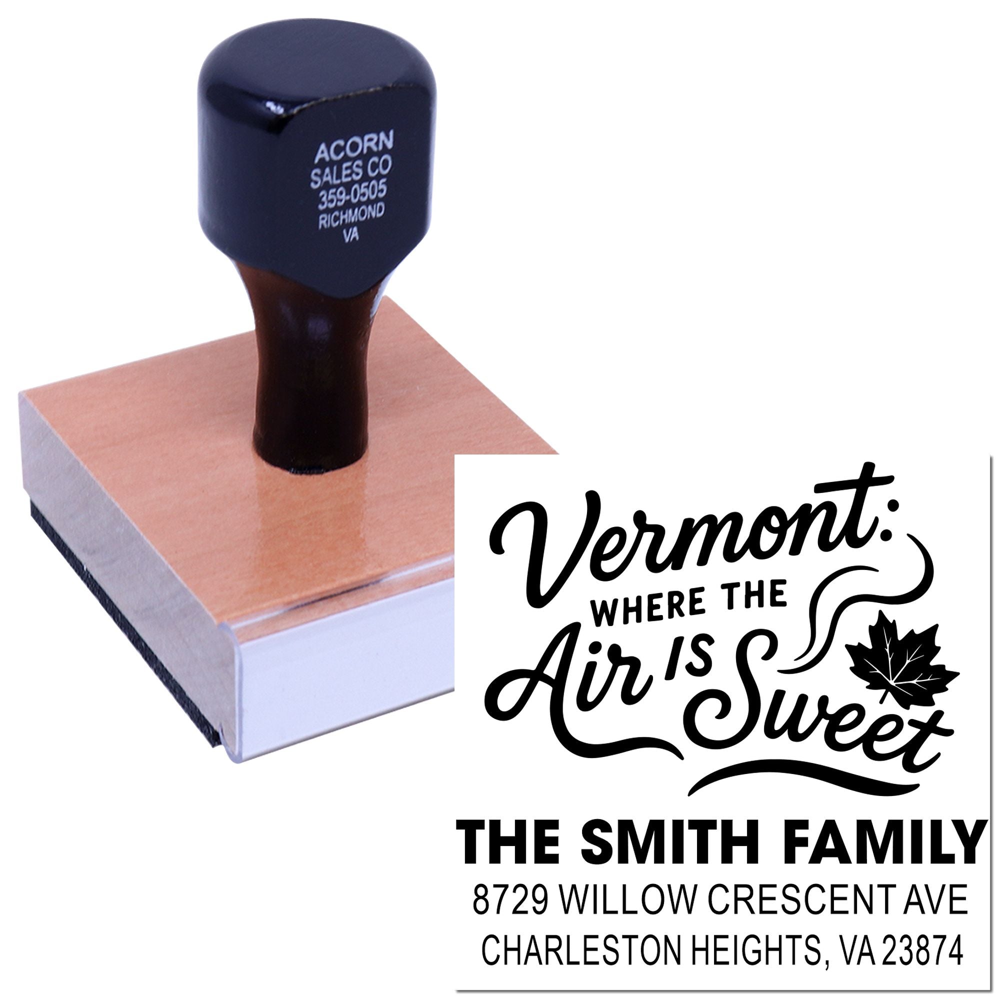 Custom rubber stamp with Vermont-themed return address design for personalized mailing, branding, and craft stamping.