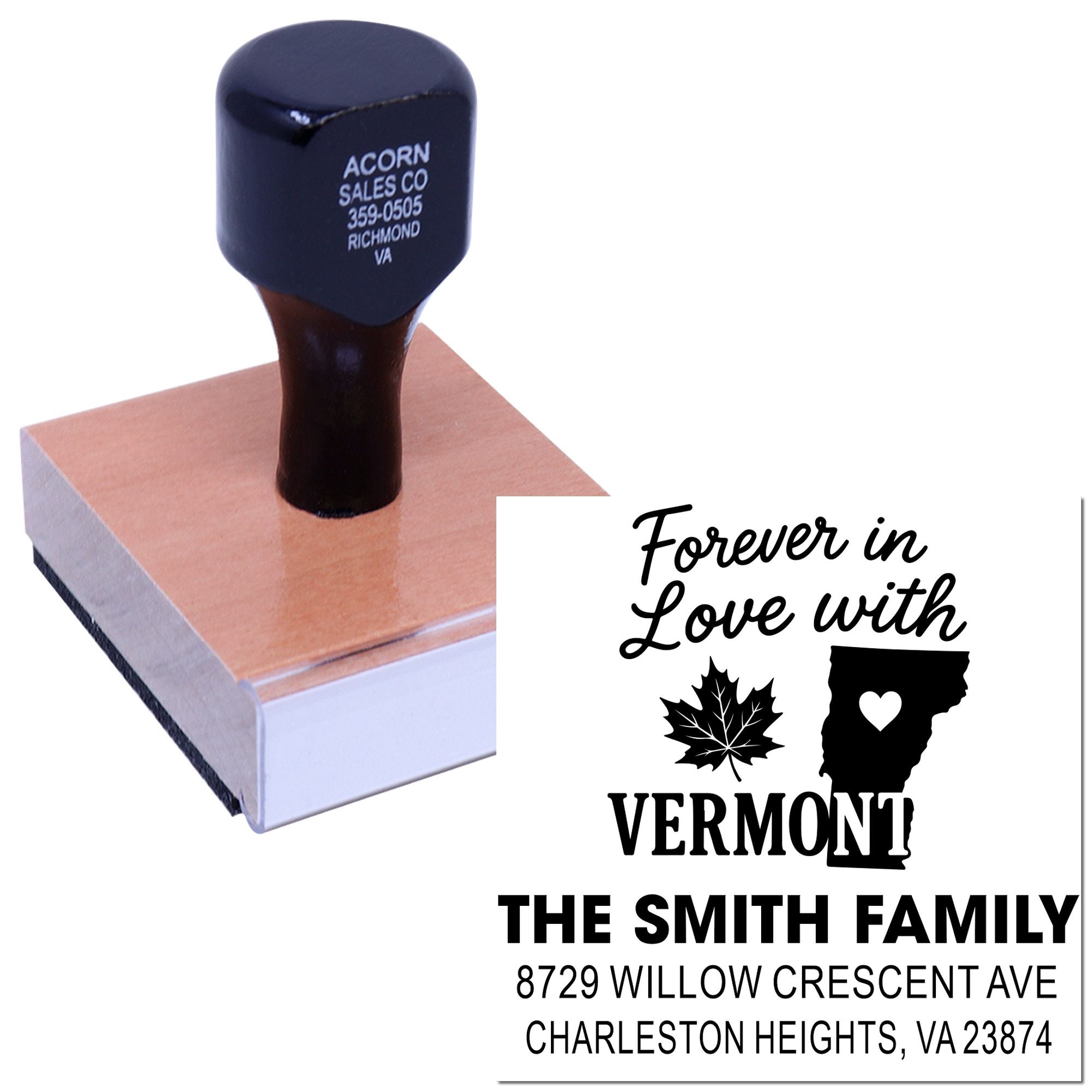 Custom rubber stamp on wooden block showing personalized Vermont family address design for envelopes and stationery.
